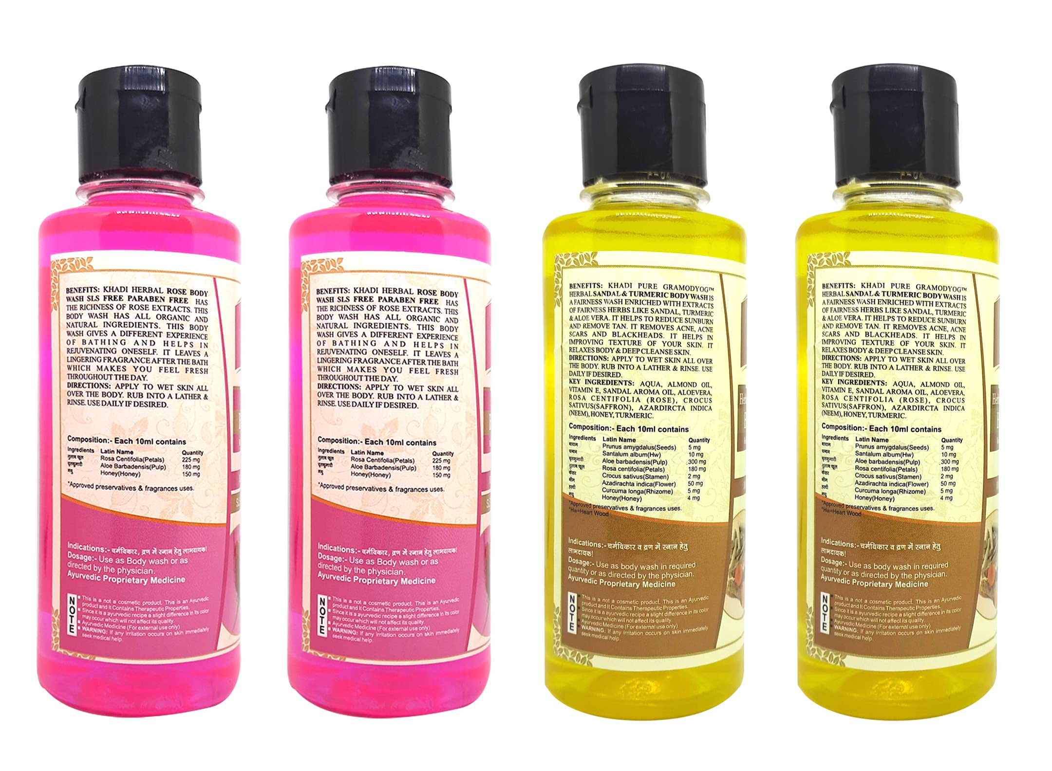 Khadi Pure Rose & Sandal Turmeric Body Wash - 210ml (Pack of 4) | Sulfate-Free, Natural Ingredients for Glowing Skin | Perfect for Daily Cleansing & Aromatherapy