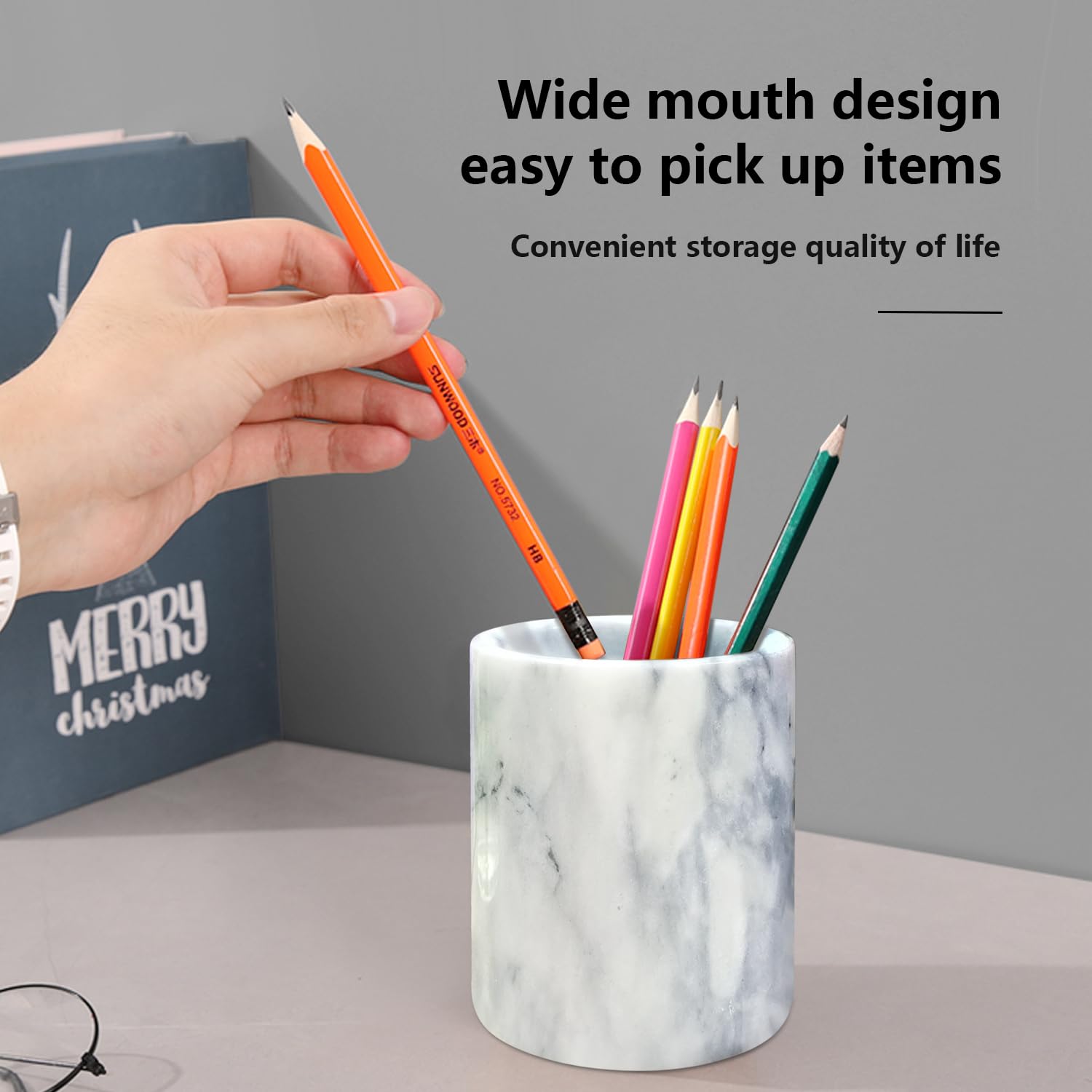 Marble Pencil Holder & Makeup Brush Organizer - Stylish Desk Accessory for Home & Office, Durable Marble Pattern Cup for Kids, Perfect Gift Idea (Gray) | Great for School Supplies, Cosmetics & Office Organization