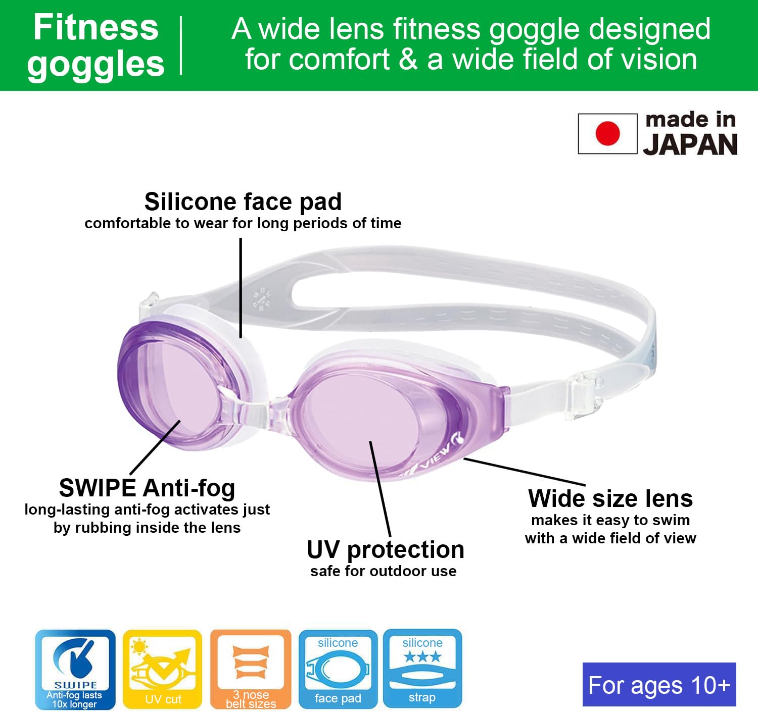 VIEW V-630ASA SWIPE Fitness Swim Goggles for Adults - Anti-Fog, UV Protection, Comfortable Fit for Pool, Lap Swimming & Triathlon Training - Black