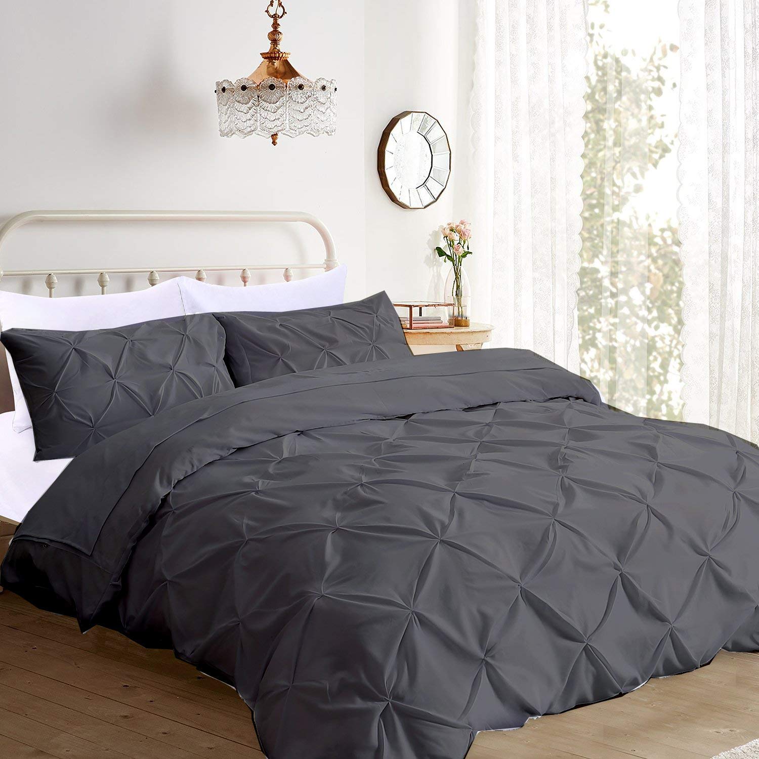 Luxury 100% Egyptian Cotton 5-Piece Comforter Set - 400 Thread Count, 300 GSM Pinch Pleated Bedding with Ultra Soft Comfort (1 Comforter + 4 Pillow Shams) - Dark Grey Oversized King Size - Perfect for Master Bedroom & Guest Room Decor