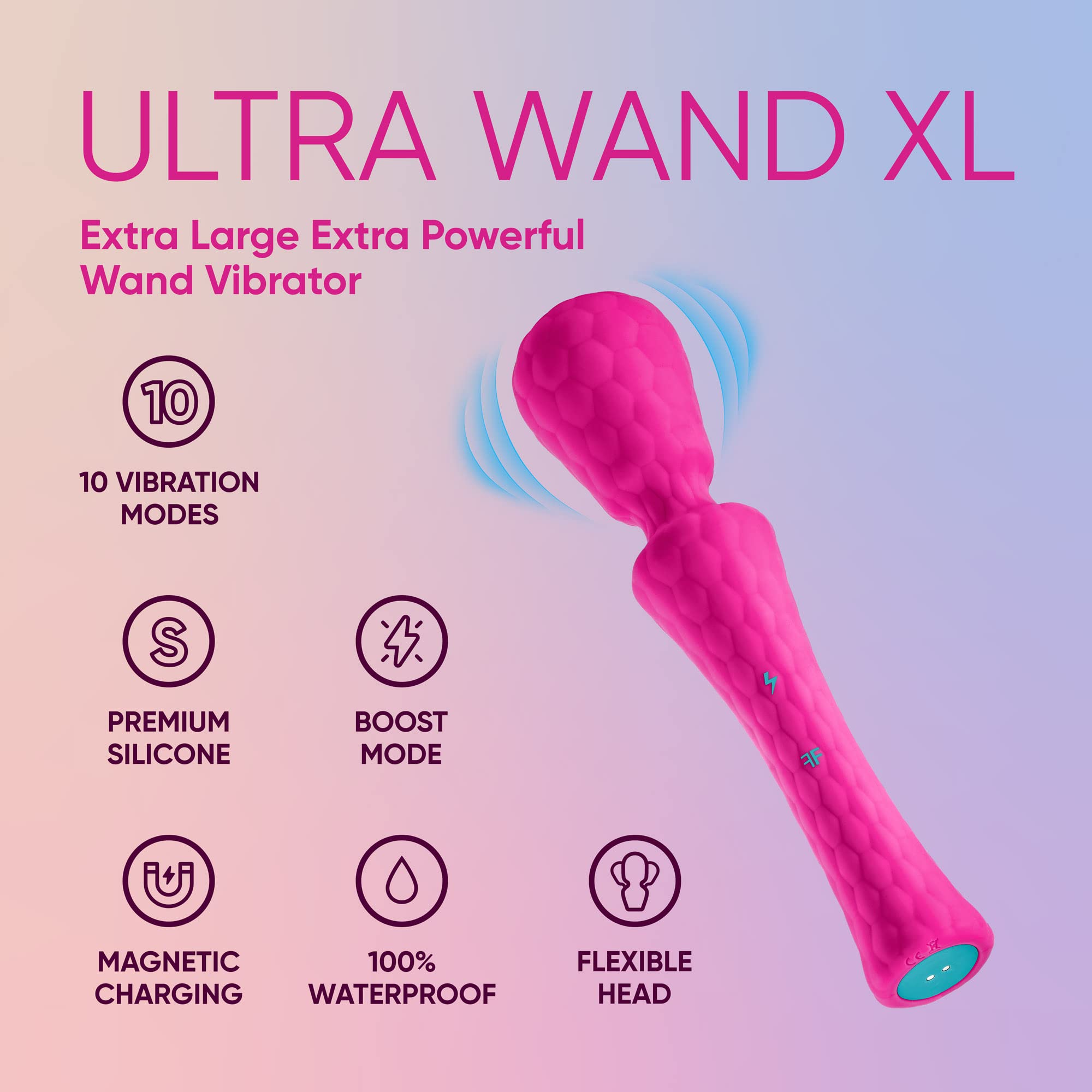 Premium XL Ultra Wand Vibrator - Powerful 10-Speed Rechargeable Silicone Sex Toy for Women & Couples - Flexible Head with Vibration Dampener, 100% Waterproof & Boost Mode - Perfect for Solo Play, Couples Intimacy & Sensual Massage (Large Size, Pink)