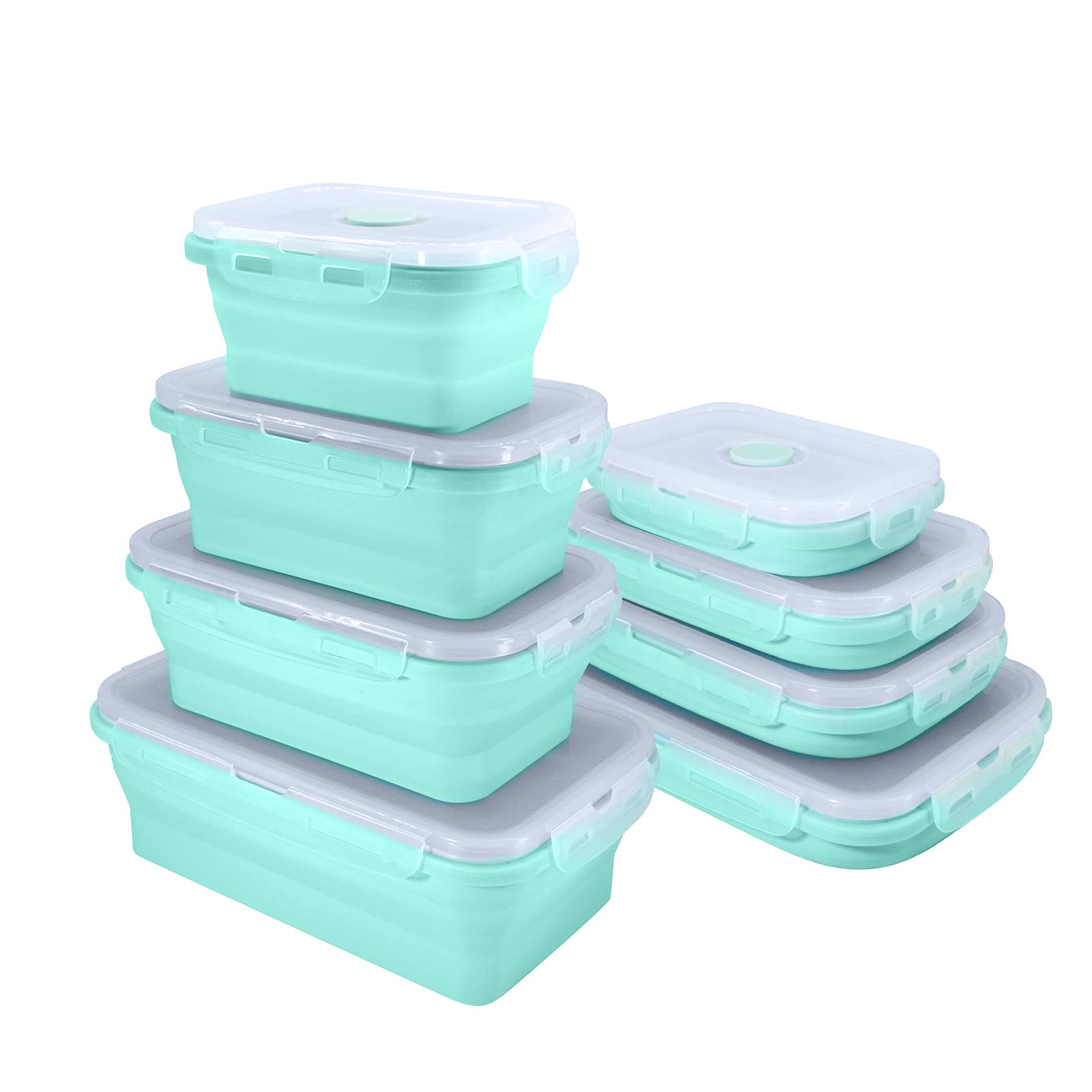 BJ Collapsible Food Storage Containers with Lids - 4-Piece Rectangle BPA-Free Meal Prep Bowls Set | Space-Saving Stackable Design for Camping, RV Travel & Home Kitchen Organization | Dishwasher Safe & Leak-Proof Blue Containers