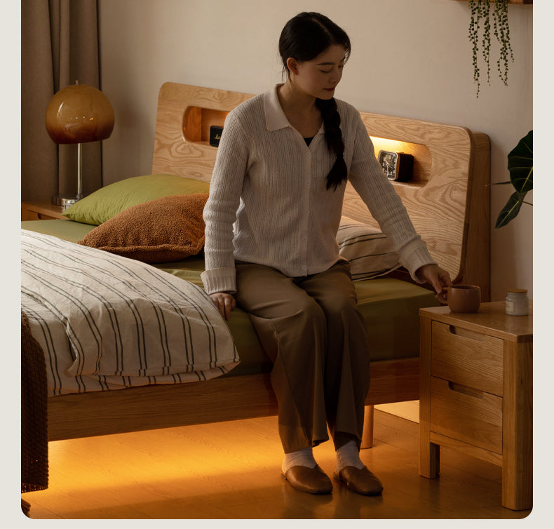 Solid Oak Wood Suspension Luminous Bed - Modern Floating Platform Bed with LED Lighting for Bedroom, Guest Room, or Dorm