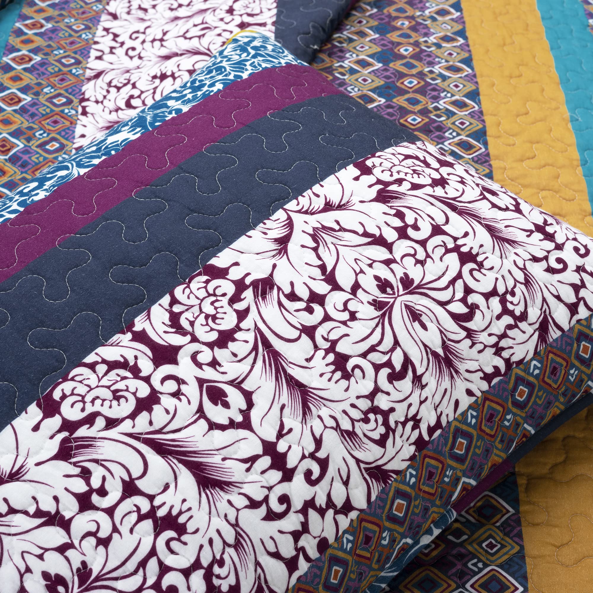 Lush Decor Boho Stripe Reversible Cotton Quilt 3-Piece Set | Full/Queen Size | Plum & Yellow Bohemian Bedding | Soft & Breathable Cotton | Perfect for Guest Rooms, Dorms & Bohemian Bedroom Decor