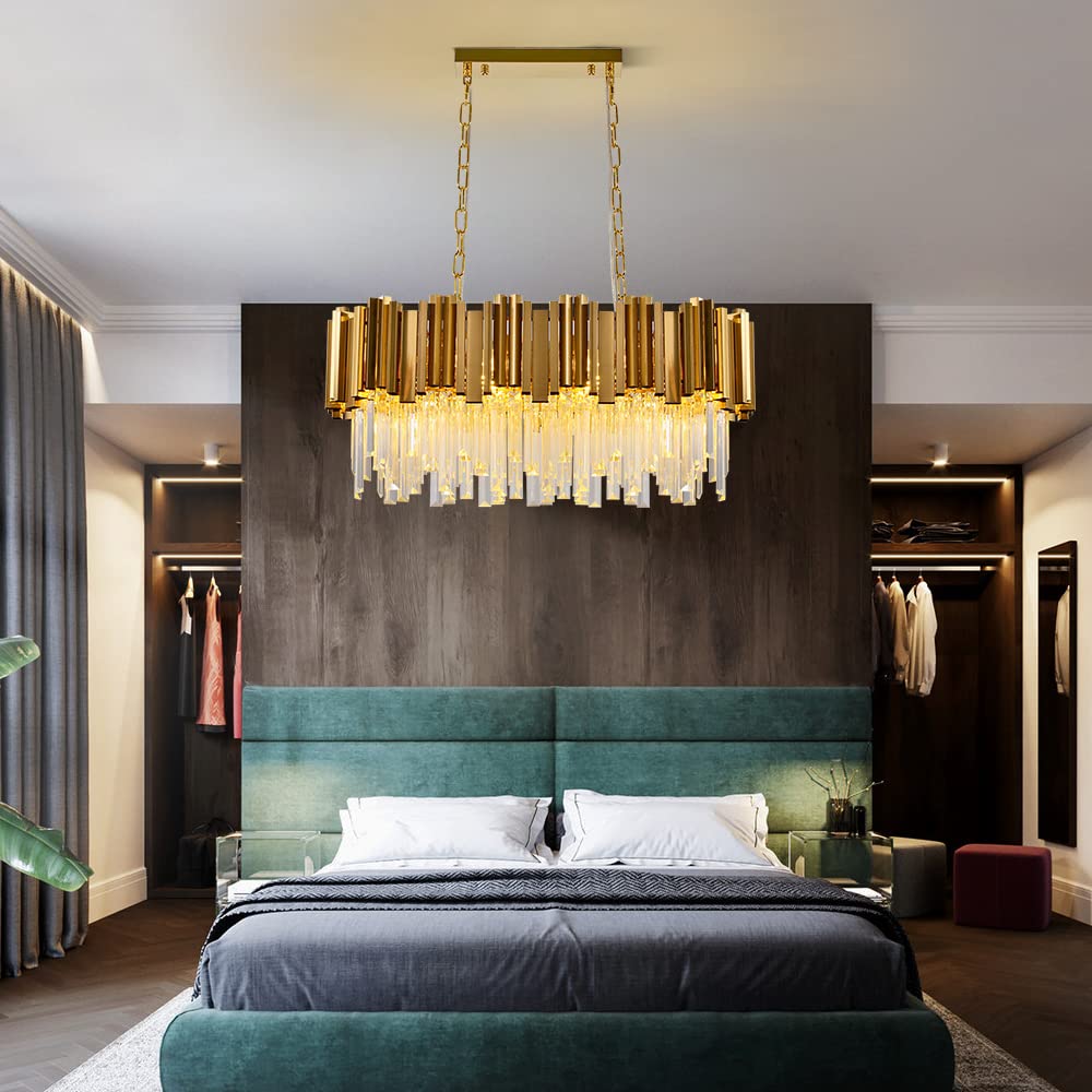 WABON Modern Crystal Chandelier - Gold Raindrop Rectangle Ceiling Light Fixture for Living Room, Dining Room & Kitchen Island | Antique Gold Finish | Elegant Lighting for Home Decor, Wedding Venues & Luxury Spaces