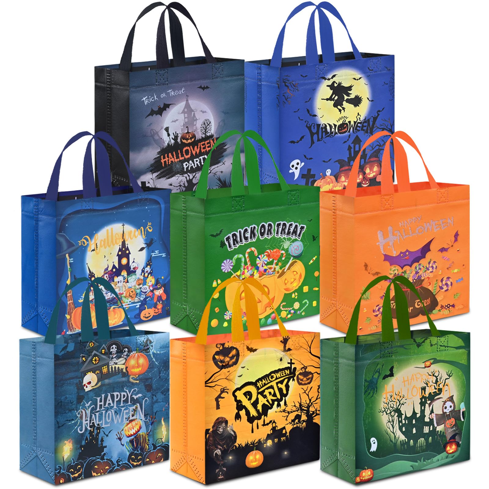 AhfuLife 8 Pack Halloween Trick or Treat Bags - Reusable Non-Woven Candy Tote Bags with Handles for Kids Party Favors & Halloween Supplies (7.8x7.8x3.1 Inches) - Perfect for Trick-or-Treating, Classroom Parties & Halloween Goodie Bags