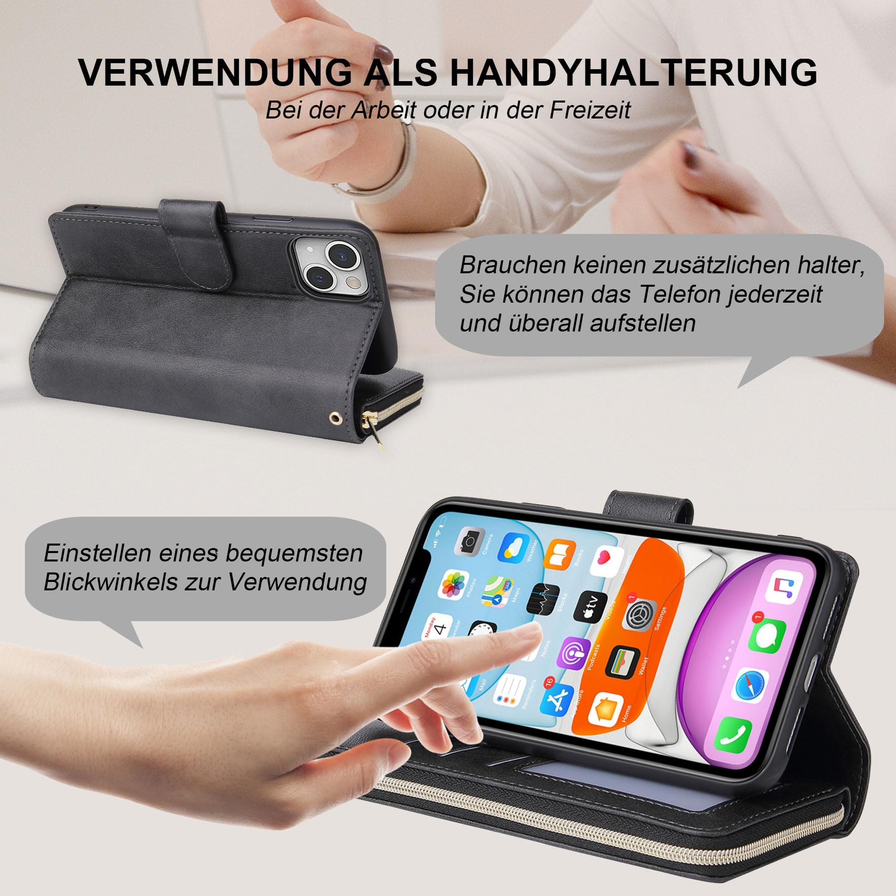 ZCDAYE iPhone 15 Plus Wallet Case with Card Holder & Zipper Pocket - 6.7 Inch Shockproof Folio Cover with Wrist Strap & Kickstand (Black) - Perfect for Travel, Shopping & Everyday Use