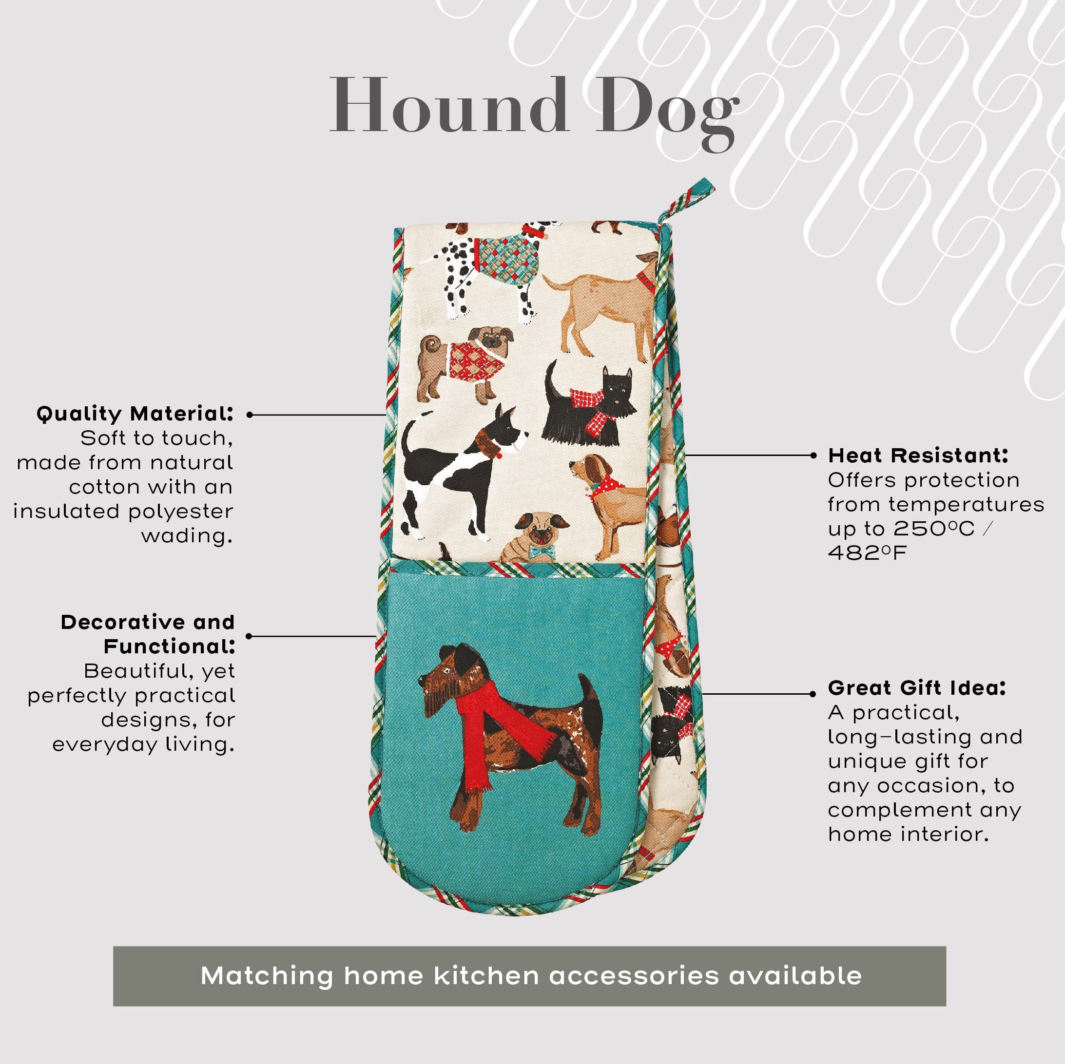 Ulster Weaver Double Oven Glove - Heat Resistant 100% Cotton & Polyester Kitchen Mitts - Machine Washable Baking Gloves for Cooking, Grilling & Serving - Hound Dog Animal Theme Oven Mitts - Ideal for Home Kitchen, BBQ Parties & Holiday Baking