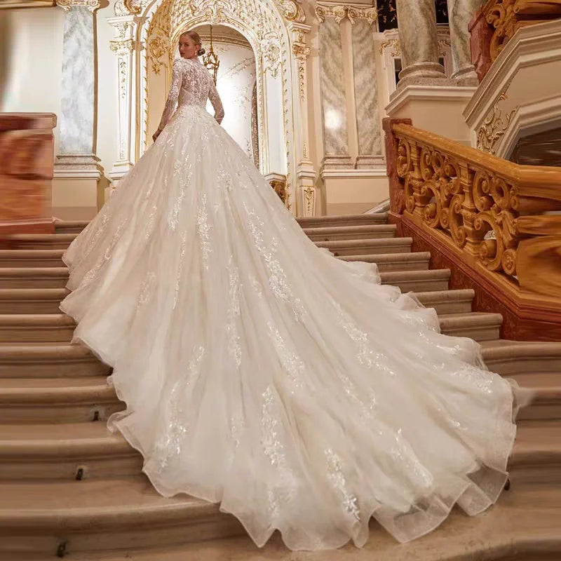 Elegant Long Sleeve Lace Wedding Dress - A-Line High Neck Muslim Bridal Gown for Modest Brides | Perfect for Islamic Weddings, Church Ceremonies & Formal Occasions