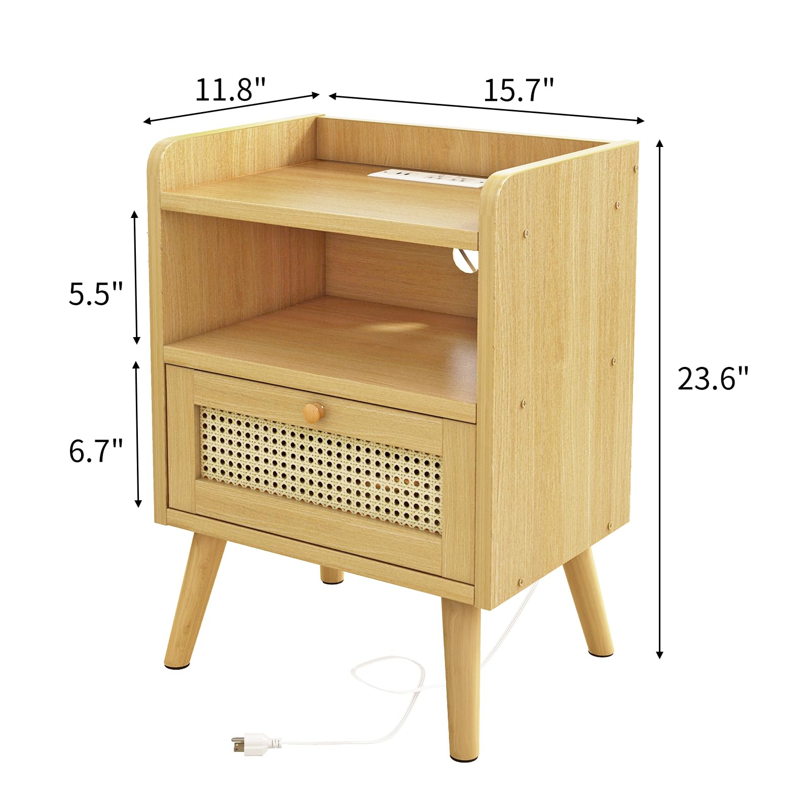 Fixwal Nightstand Set of 2 with USB Charging Station, Rattan Decor Drawer & Open Storage - Solid Wood Bedside Tables for Bedroom, Living Room & Guest Room - Perfect for Phone Charging & Bedside Storage