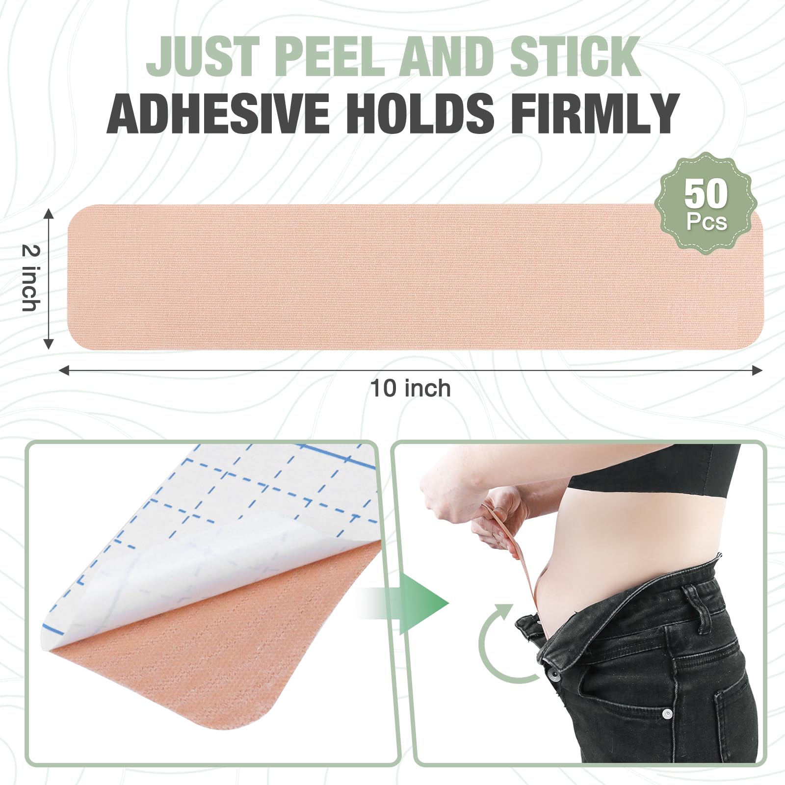 50 Pcs Pre-Cut Tummy Tape & Body Lift Tape – Elastic Kinesiology Tape for Belly, Back Fat, Leg Support – Ideal for Backless Dresses, Wedding, Pregnancy & Post-Surgery Stoma Care