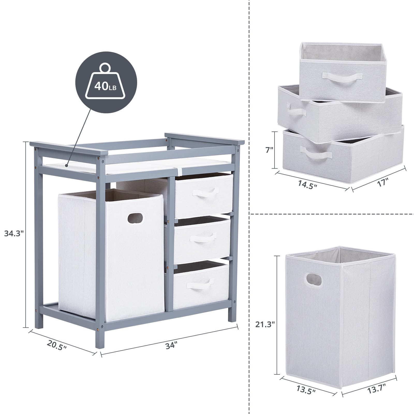 Wooden Baby Changing Table with Drawers & Hamper - Nursery Essentials for Diaper Changes