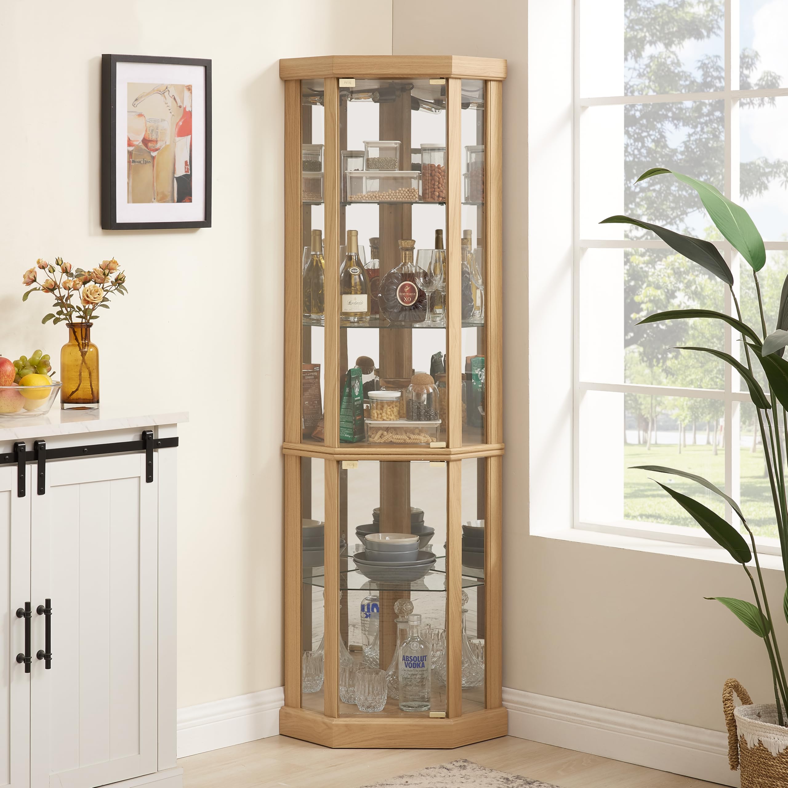 Corner Curio Cabinet with LED Lights - Glass Display Case for Living Room, Antique & Wine Collection Storage - Light Oak Finish - Perfect for Home Decor, Barware Display & Collectibles Showcase