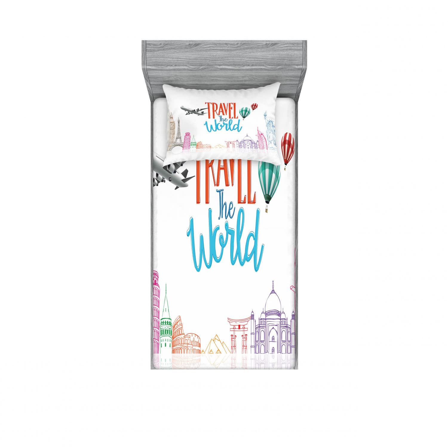 Ambesonne 2-Pack Twin XL Fitted Sheets & Pillow Sham Set - Travel World Lettering Design, 4-Piece Bedding Decor (2 Fitted Sheets + 2 Pillow Covers) - Vibrant Multicolor Patterns | Perfect for Dorm Rooms, Guest Beds & Travel Adventures