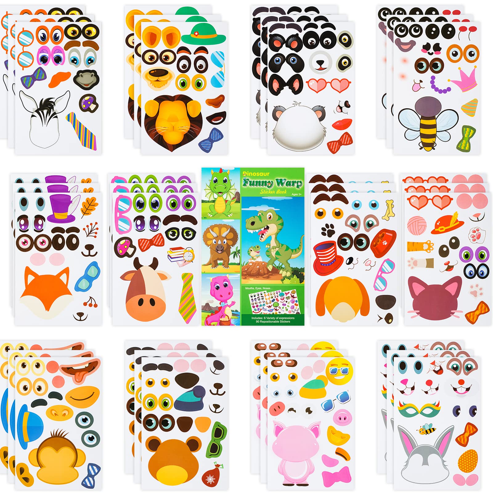 42 Sheets DIY Animal Face Stickers for Kids - 12 Animals & 6 Dinosaur Sticker Pads Set - Creative Art Craft, Party Favors, School Rewards for Boys & Girls - Perfect for Birthday Parties, Classroom Activities & Arts & Crafts Projects