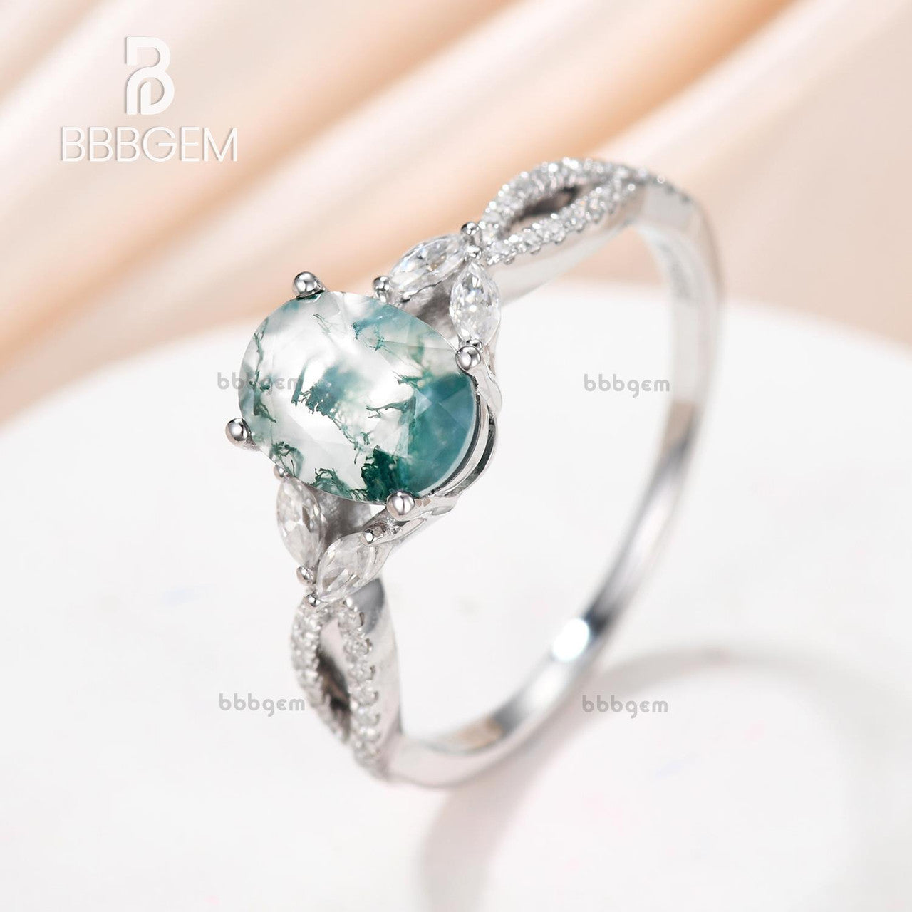 14K Pink Gold Oval Cut Moss Agate Engagement Ring with Marquise Moissanite Infinity Band - Elegant Wedding Ring for Women, Perfect for Proposals, Anniversaries & Special Occasions