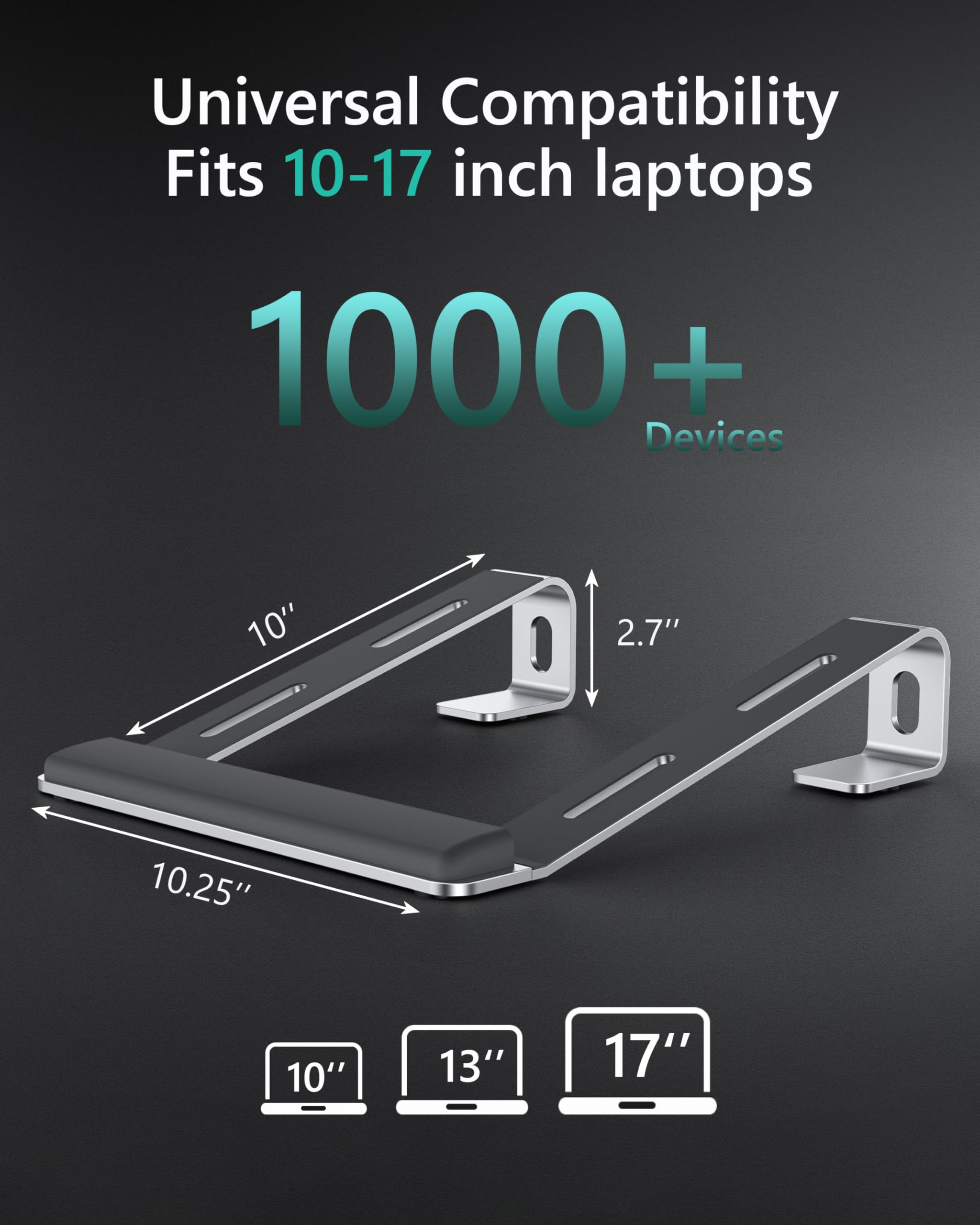 Aluminum Laptop Stand for Desk with Wrist Rest Pad, Detachable Laptop Mount for MacBook Air Pro, Dell, HP, 10-17 Inches Notebooks, Heavy Stable Holder, Silver - Perfect for Home Office and Gaming Setup