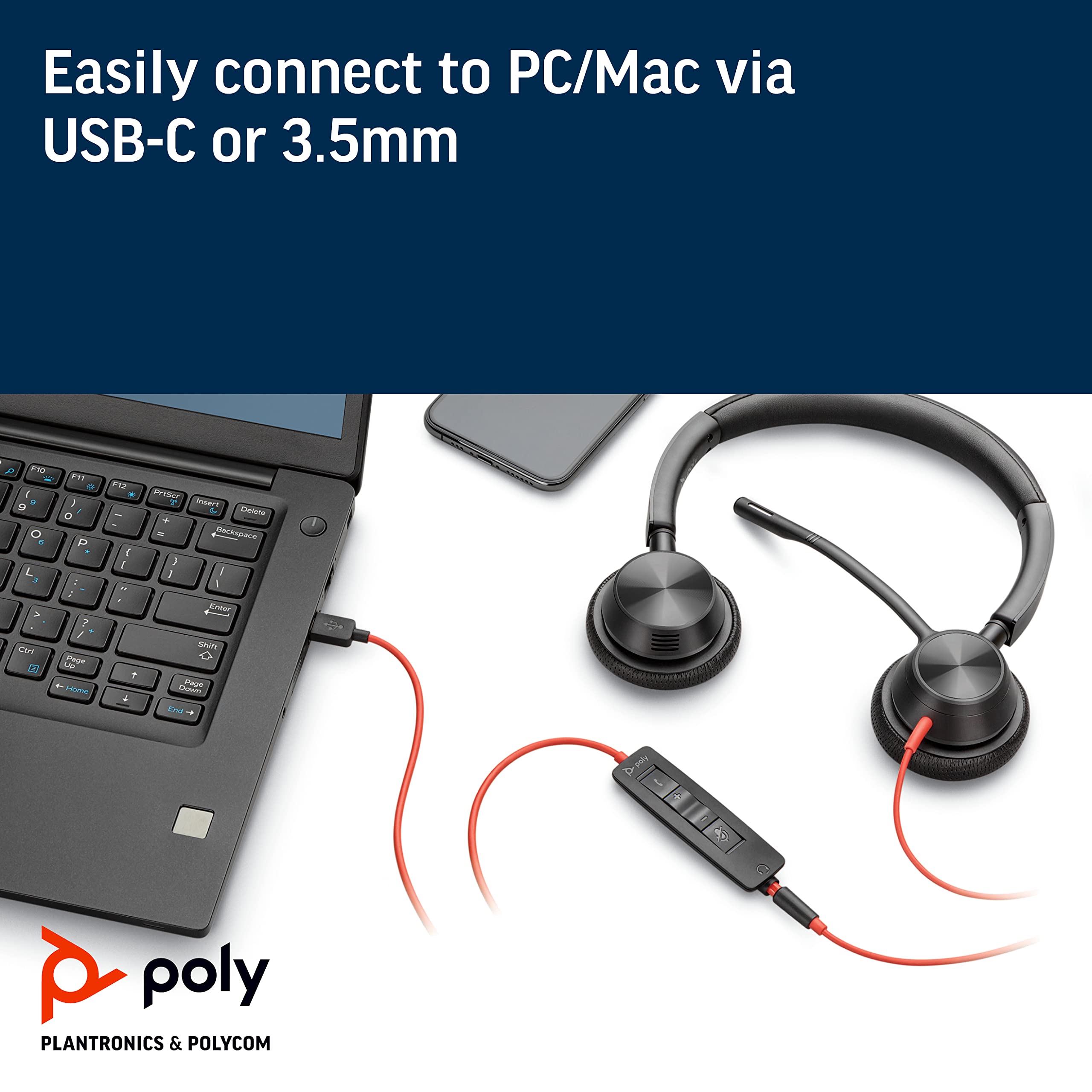 Poly Blackwire 3325 USB-C Wired Stereo Headset with Boom Mic - Noise Cancelling for PC, Mac, Mobile & Tablet - Compatible with Teams, Zoom, Skype - Perfect for Remote Work, Online Classes & Call Centers