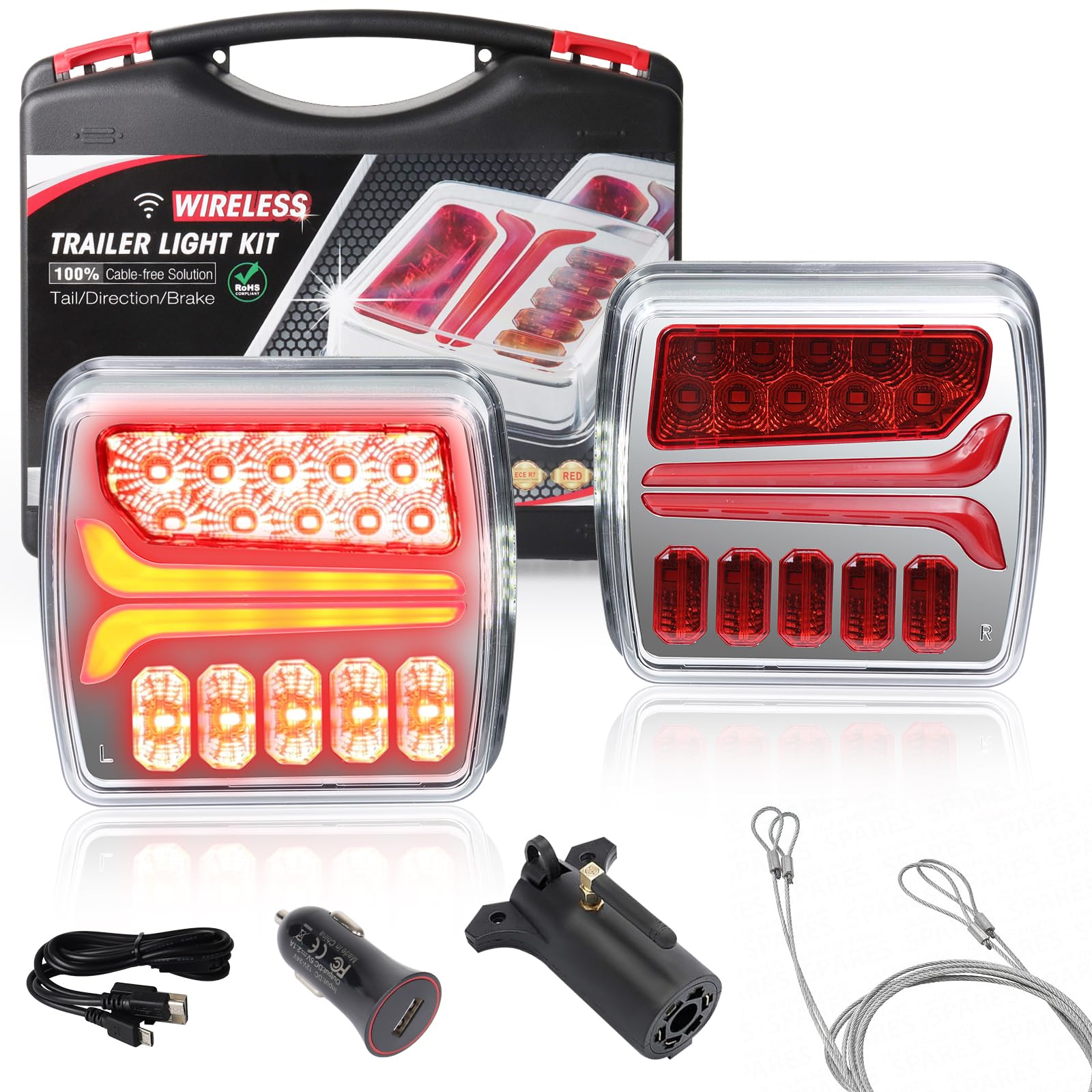 2024 Upgraded Rechargeable Magnetic LED Trailer Light Kit - Waterproof Wireless Tow Lights for Trucks & Trailers with Anti-Lost Rope | Perfect for Night Towing, Boat Trailers, Camping & Roadside Emergencies
