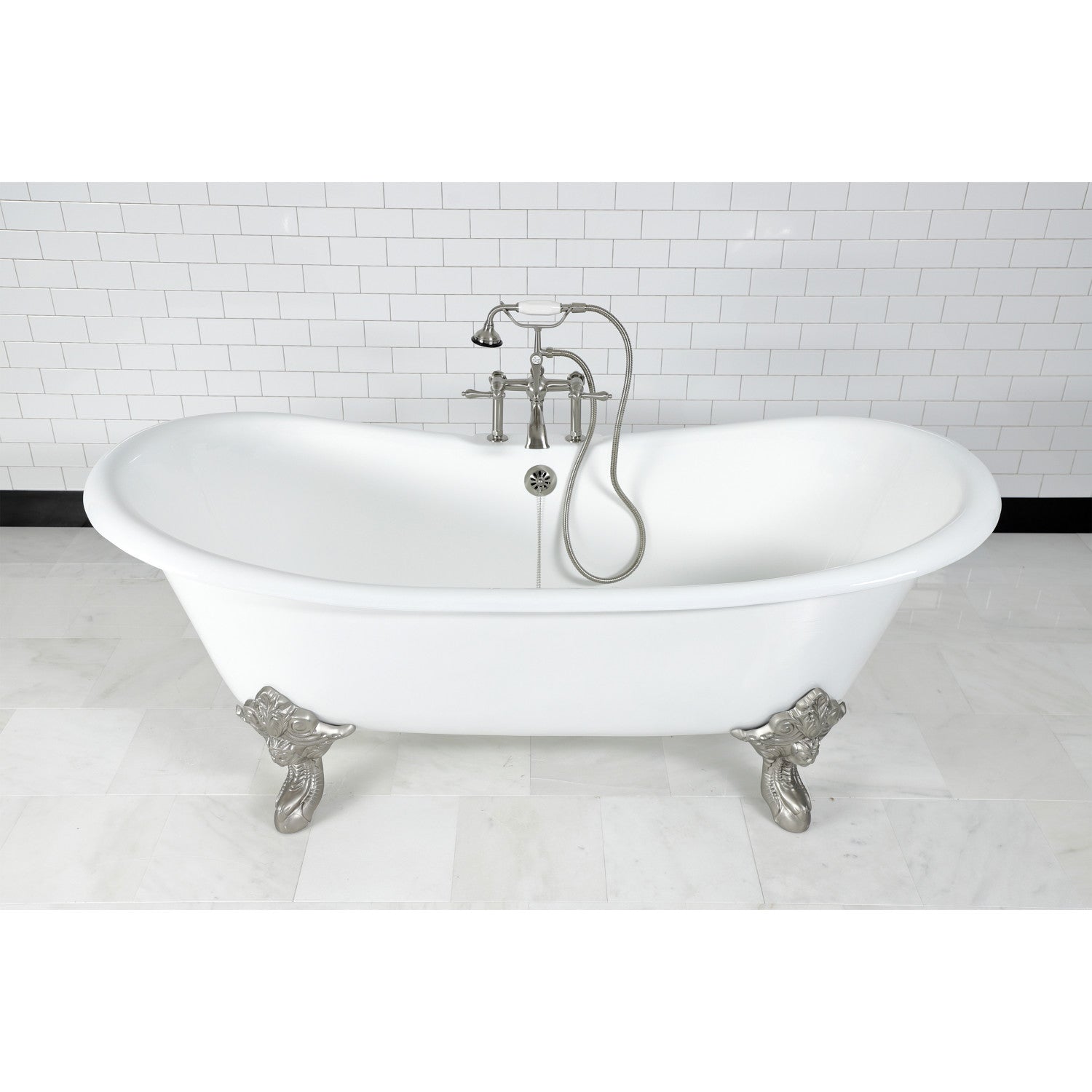 72 Inch White Cast Iron Clawfoot Bathtub with Brushed Nickel Faucet - Oval Double Slipper Design for Vintage Bathroom & Luxury Spa Retreat