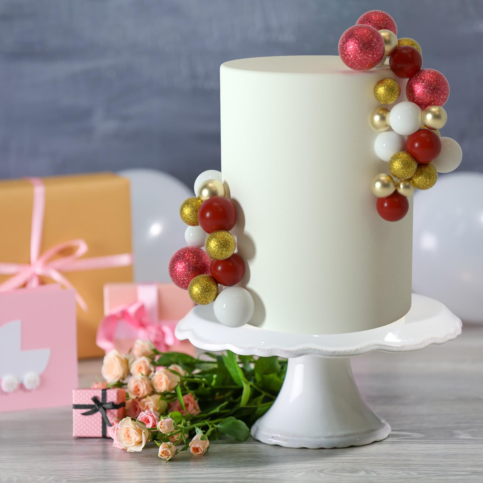 50 Pcs Gold & Red Ball Cake Topper Sticks - Mini Balloon Foam Balls for Cake Decorating Supplies - Perfect for Christmas, Birthday, Wedding, Baby Shower Cakes & Cupcake Toppers