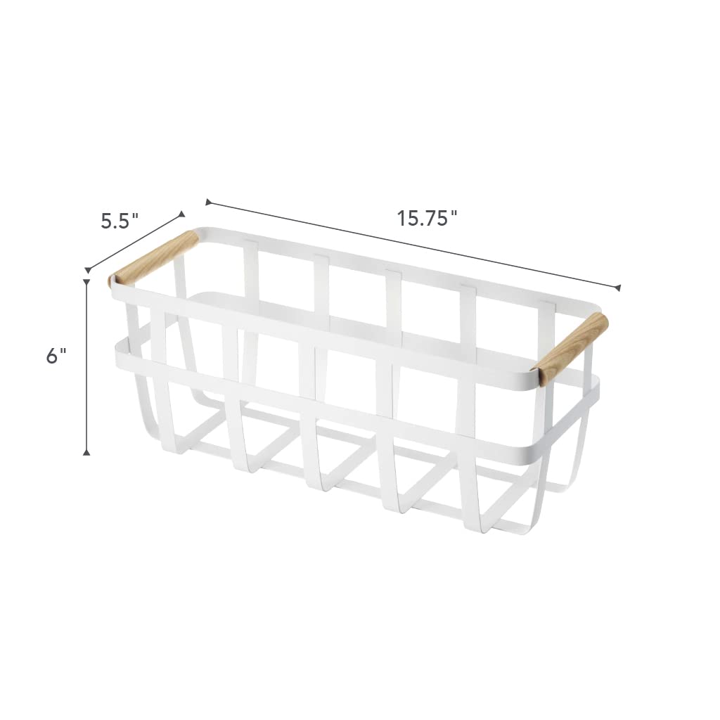 Yamazaki Home Storage Basket with Wooden Handle - Small White Steel & Wood Organizer Bin for Kitchen, Bathroom, or Office Organization
