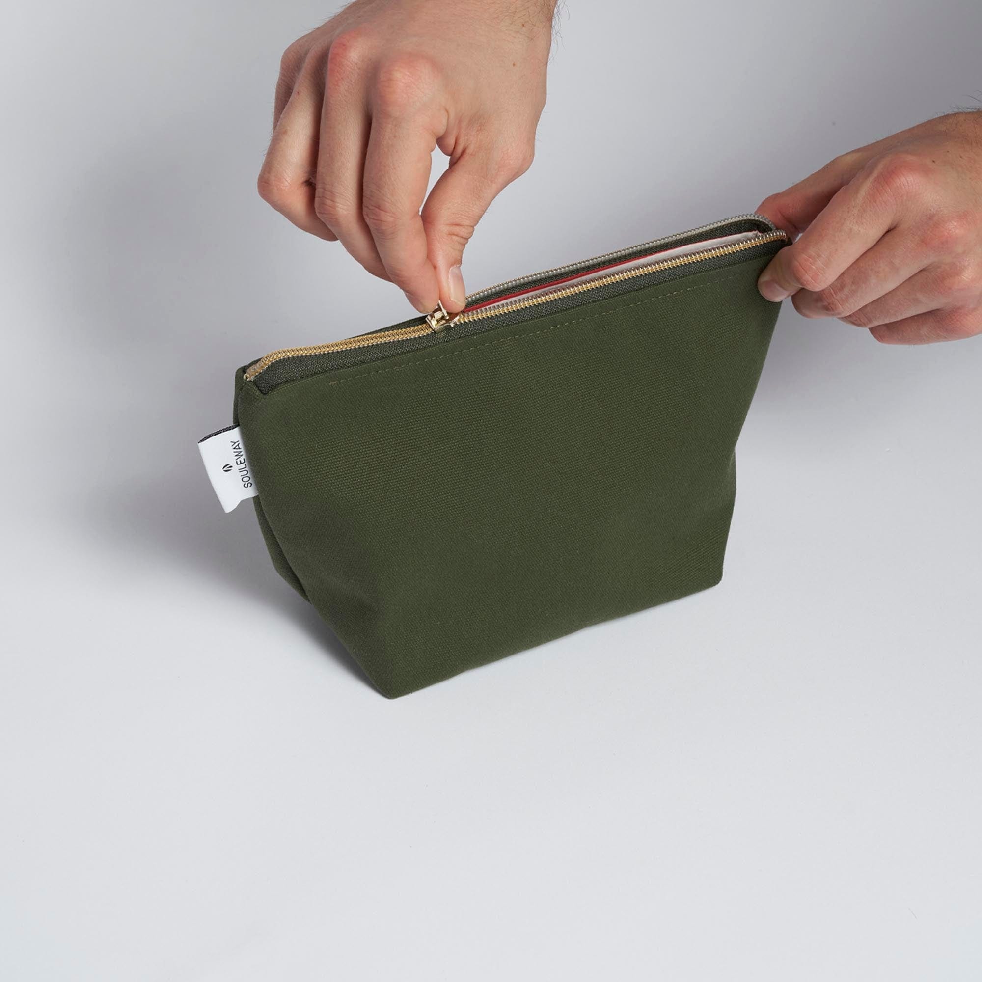 Organic Cotton Canvas Makeup Pouch - Eco-Friendly Travel Cosmetic Bag for Women | Dark Olive Green | Perfect for Travel, Gym & Daily Essentials Storage