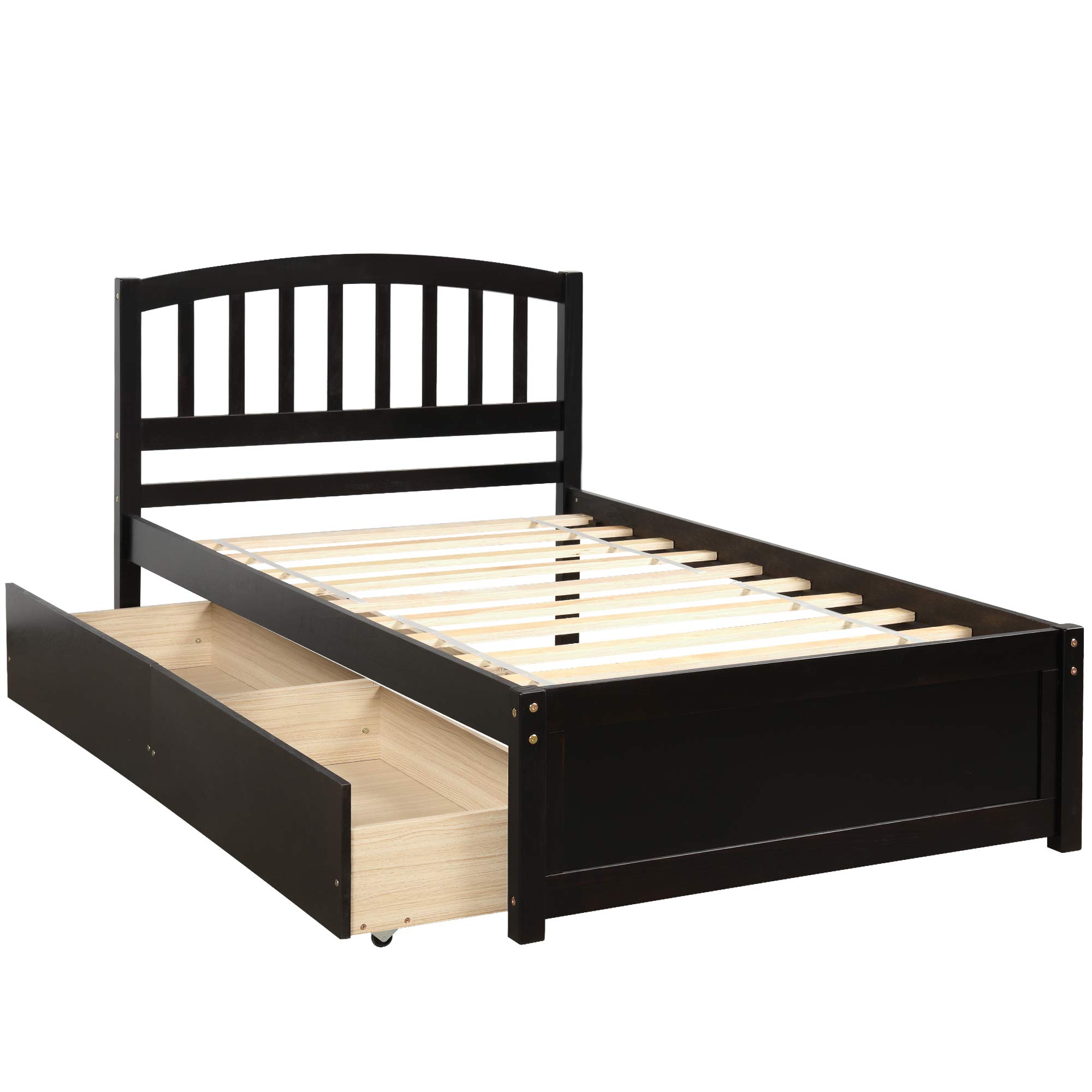 Merax Twin Size Solid Wood Platform Bed Frame with 2 Storage Drawers & Headboard - Espresso Finish | Perfect for Small Bedrooms, Guest Rooms & Kids' Rooms