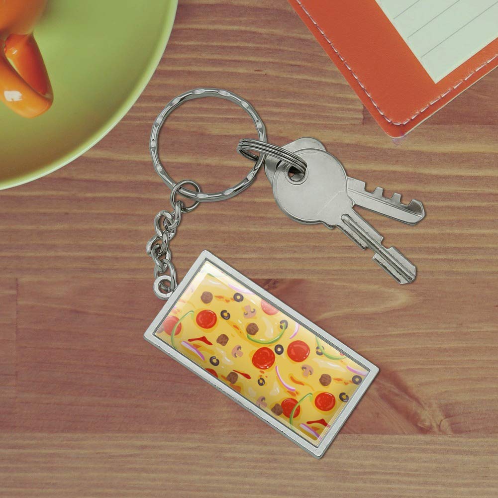 Chrome Plated Metal Rectangle Pizza Keychain with Pepperoni, Olives & Onions - Unique Graphic Novelty Gift for Pizza Lovers, Kitchen Enthusiasts & Foodies - Perfect for Keys, Backpacks & Gifts