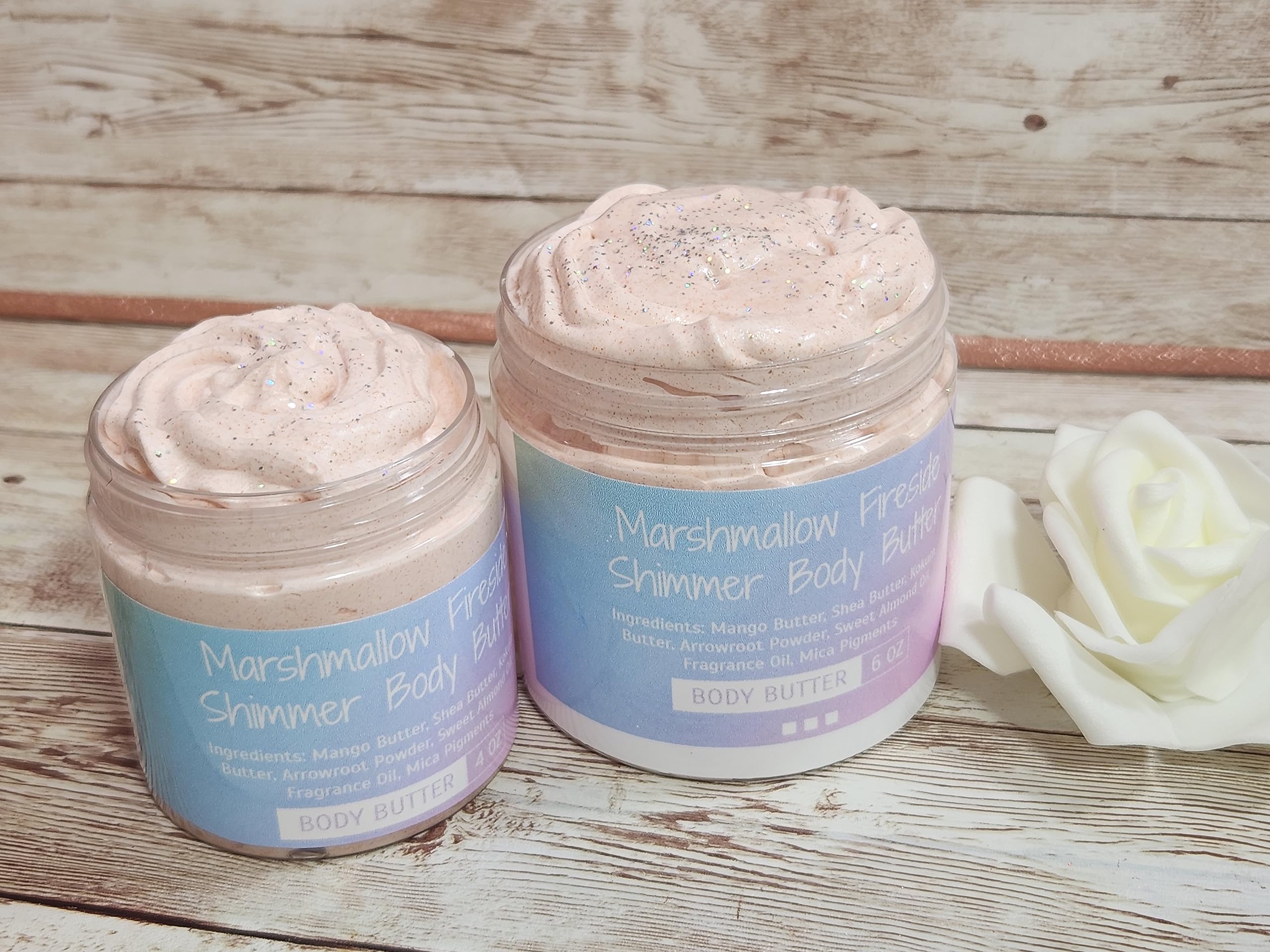 Marshmallow Fireside Shimmer Body Butter - Handmade Shea, Cocoa & Mango Butter Luxury Body Cream | All Natural Moisturizer with Sugar Pearls for Soft, Glowing Skin | Perfect for Winter Skincare & Gift Giving