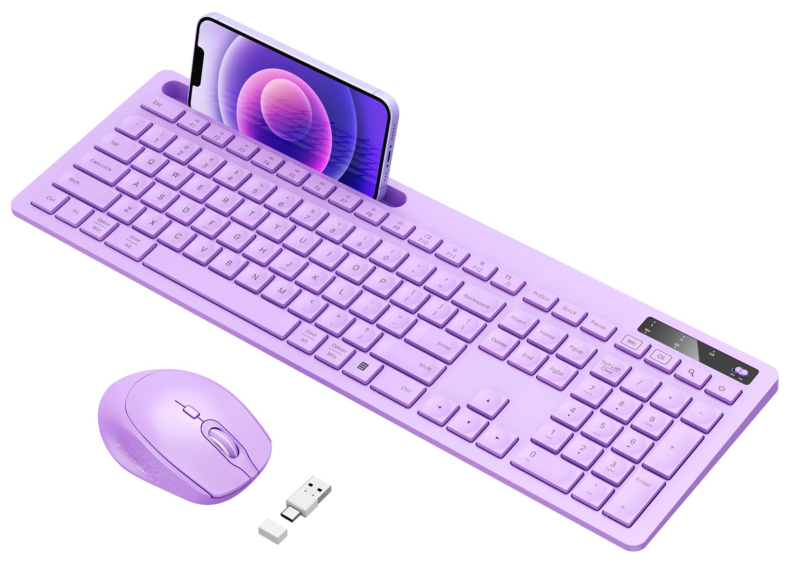 Vivefox Purple Wireless Keyboard and Mouse Combo for MacBook - Full-Size Bluetooth Keyboard with Phone Holder, USB A & Type C Receiver - Compatible with Mac, MacBook Air/Pro & Windows PC - Perfect for Home Office, Gaming & Remote Work