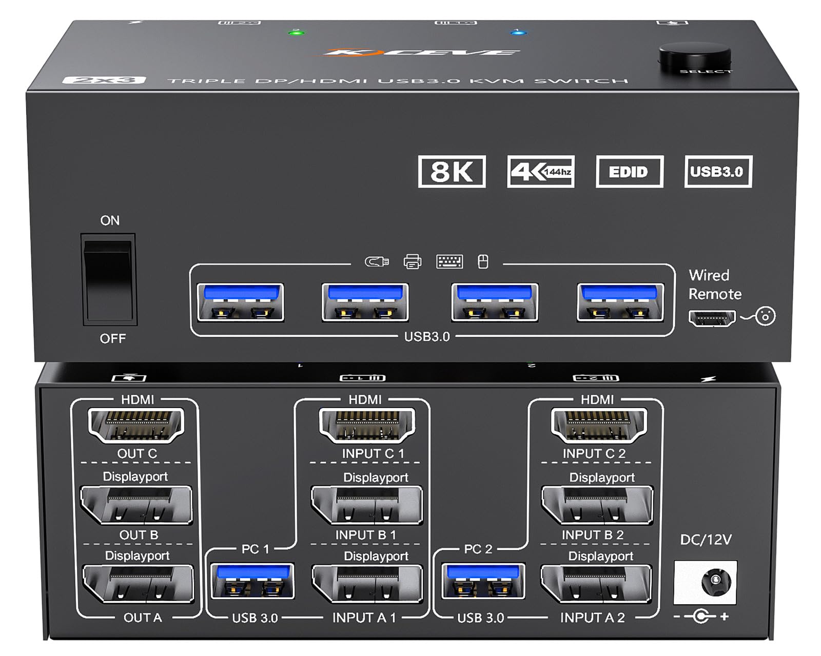 8K@60Hz 4K@144Hz Triple Monitor KVM Switch for 2 Computers - HDMI & 2 DisplayPort, 4 USB 3.0 Ports, Keyboard/Mouse Sharing - Includes Wired Remote & 5 Cables - Perfect for Home Office, Gaming Setup & Multi-Tasking Workspaces