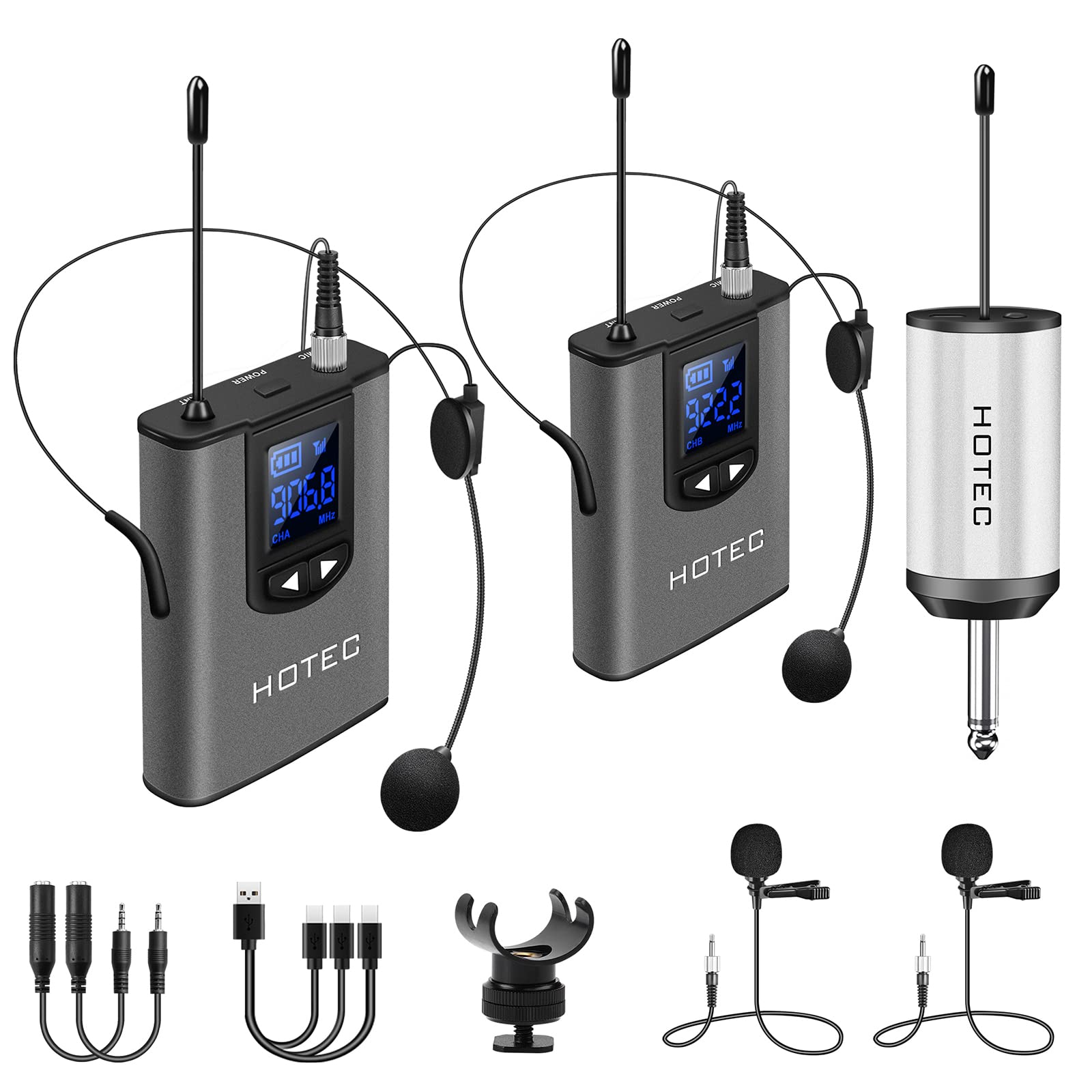 Hotec Professional Wireless Microphone System - Dual Headset & Lavalier Lapel Mics with Bodypack Transmitters & Rechargeable Mini Receiver (1/4