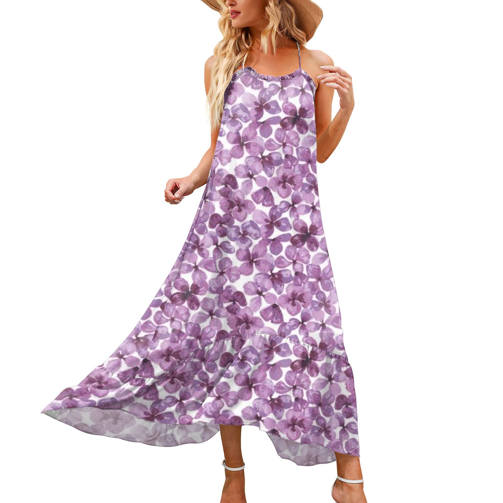 Stylish Summer Dresses for Women - Sleeveless Flowy Ruffle Linen Maxi Dress, Plus Size Vacation & Spring Dress | Perfect for Beach Outings, Garden Parties & Casual Wear