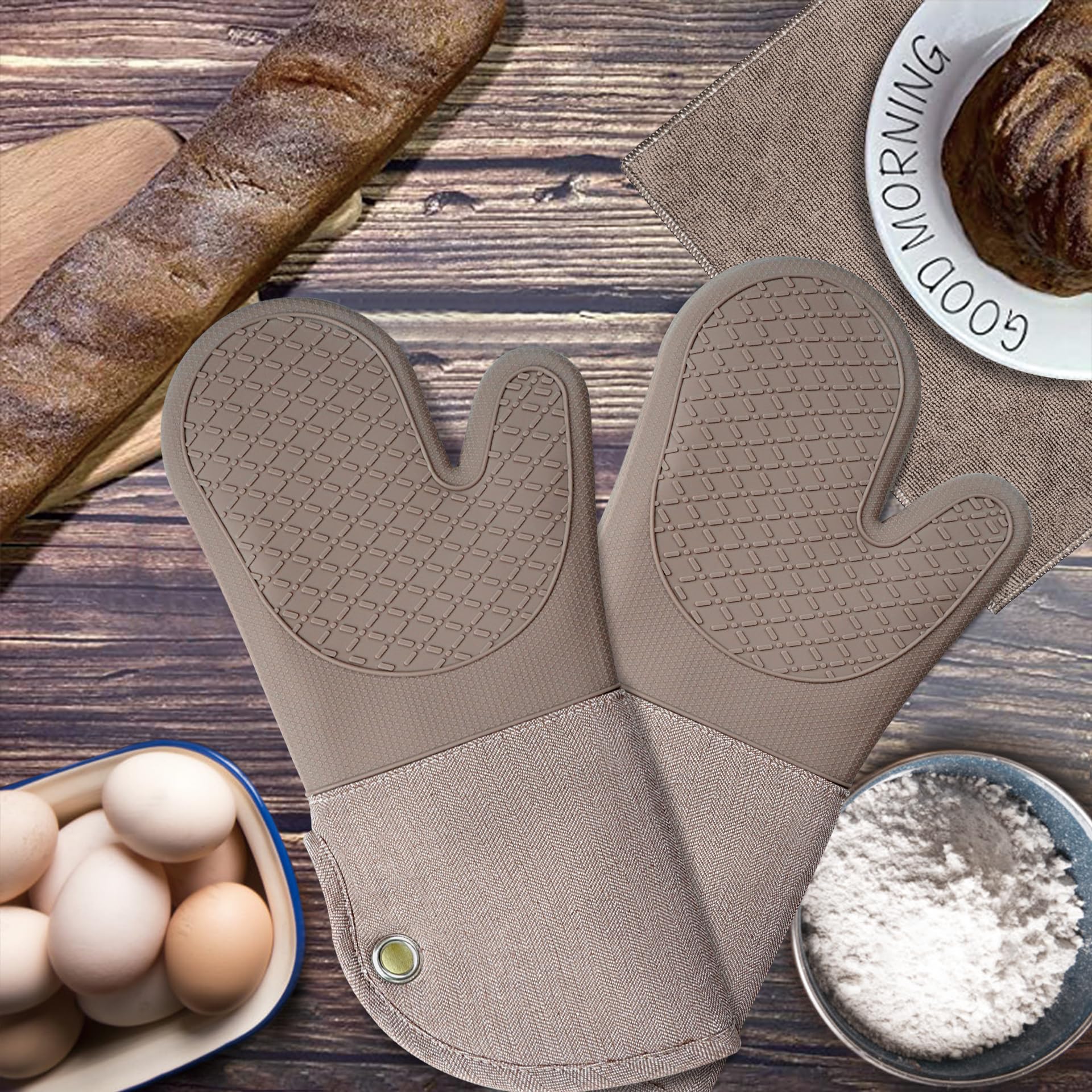 Heat Resistant Silicone Oven Mitts - 500°F Kitchen Gloves for Baking, BBQ & Cooking - Pair of Non-Slip Pot Holders (Khaki) - Perfect for Grilling, Baking & Handling Hot Dishes