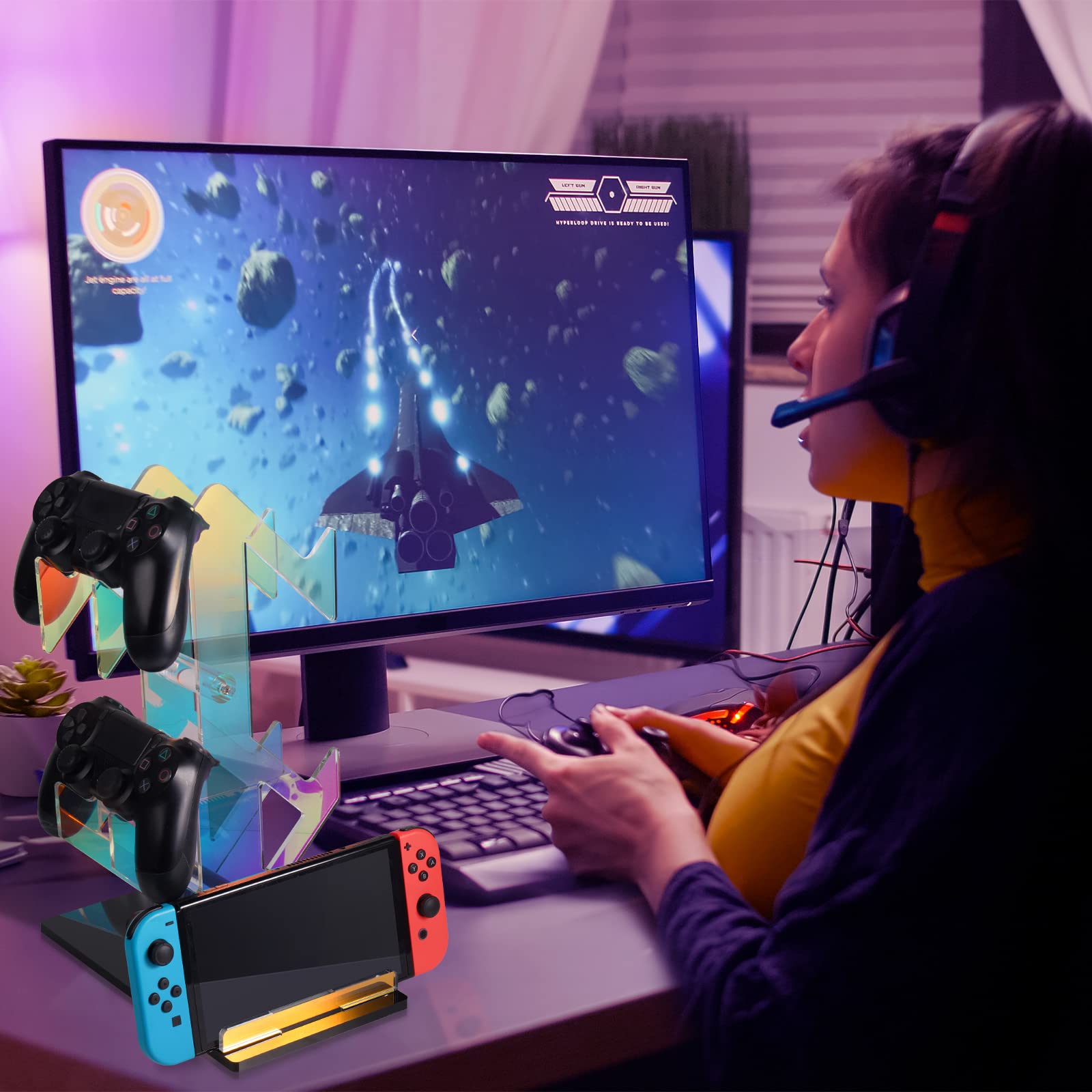 NiHome Iridescent Acrylic 2-Tier Universal Game Controller and Headset Holder Stand - Modern Storage Organizer for PS5, Xbox ONE, Nintendo Switch Controllers & Headphones - Anti-Slip Stable Gaming Accessory Rack - Perfect for Gaming Setup and Living Room Organization