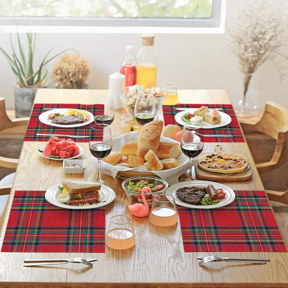 Plaid Place Mats Set of 4 - Christmas Red & Green Tartan Gingham Checkered Buffalo Cotton Linen Table Mats (12x18 Inch) for Dining Room, Kitchen Table, Holiday Dinner & Party Decorations