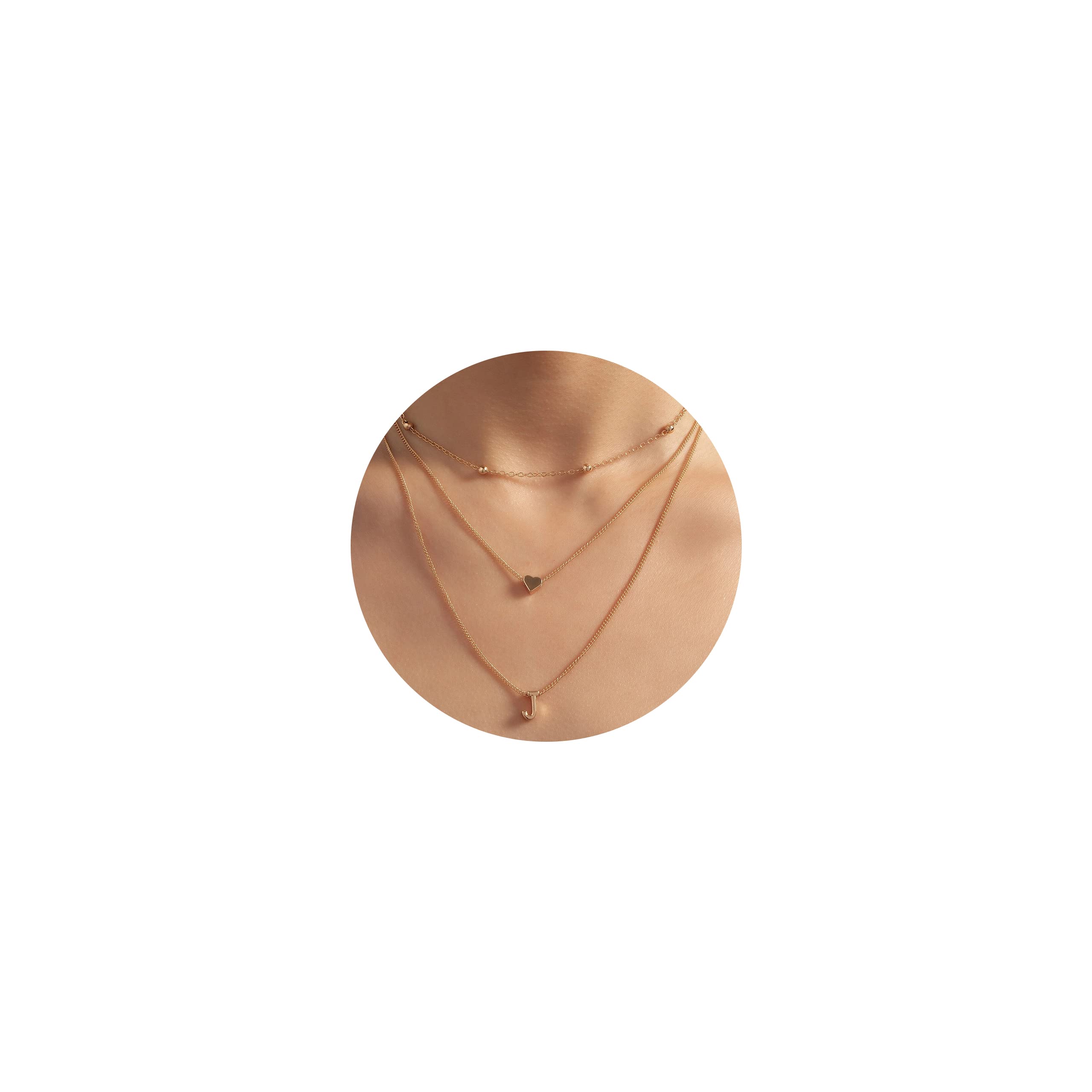 Gold Layered Initial Necklace - Small Letter Disc Pendant with Dainty Heart Charm, Triple Layering Choker Jewelry for Women & Girls | Perfect for Everyday Wear, Gift Giving & Special Occasions
