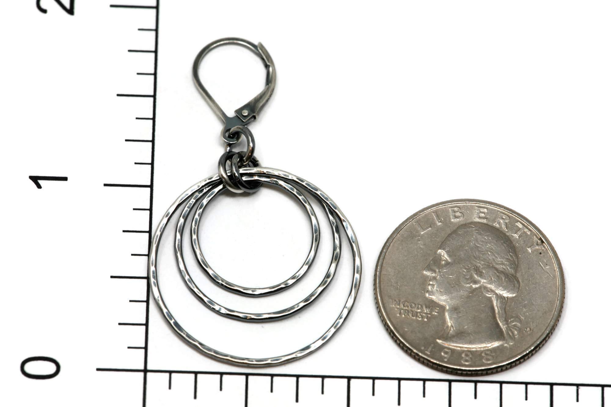 Sterling Silver Three Hoop Earrings 1 Inch Diameter - Hammer Textured Gunmetal Finish Leverback for Women | Boho Chic Jewelry for Everyday Wear, Date Night & Special Occasions