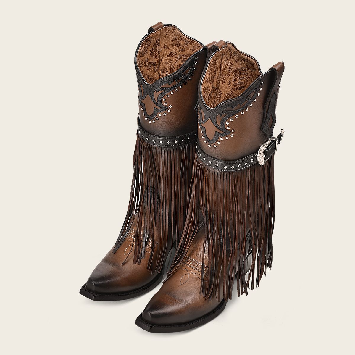 1GAXRS Women's Western Cowgirl Fringed Leather Boots - Brown Distressed Vintage Style for Country Dancing, Rodeo & Fashion Outfits
