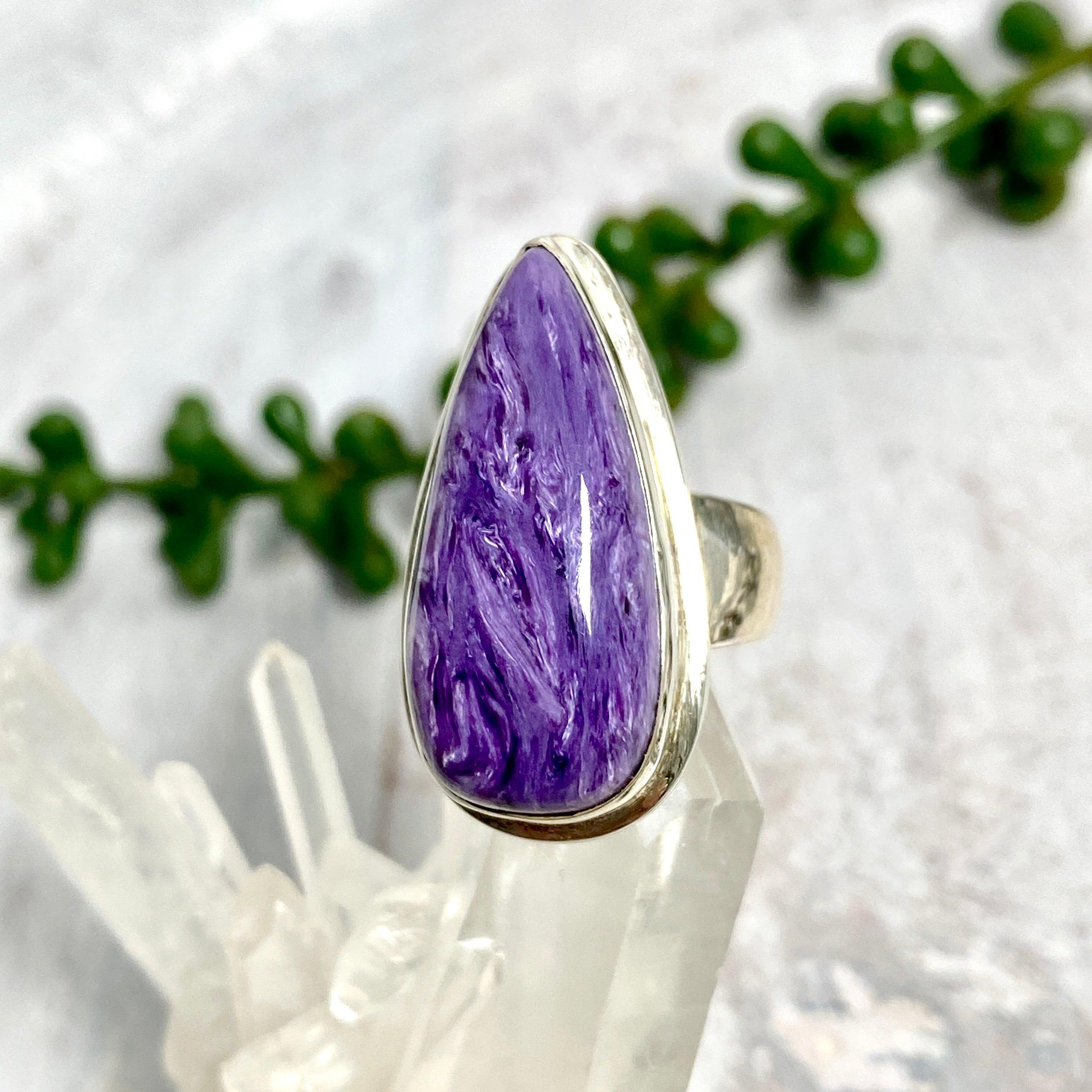 Charoite Teardrop Ring - Size 7 - KRGJ2077 - Elegant Purple Gemstone Jewelry for Women - Perfect for Weddings, Parties & Special Occasions