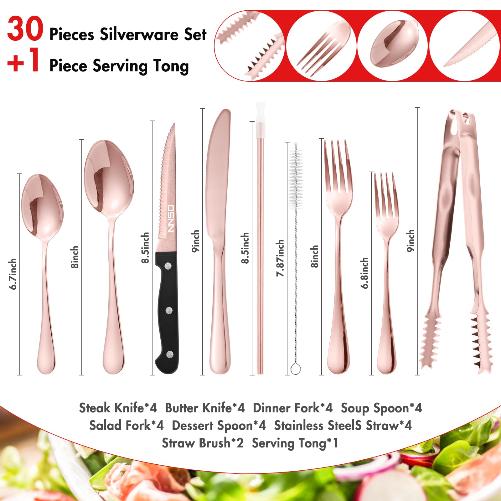 30-Piece Rose Gold Silverware Set with Serving Tong & Metal Straws - Stainless Steel Flatware Cutlery Set for 4 - Includes Forks, Spoons & Knives - Elegant Dining & Party Serving Essentials - DSNN Home Kitchen Utensils