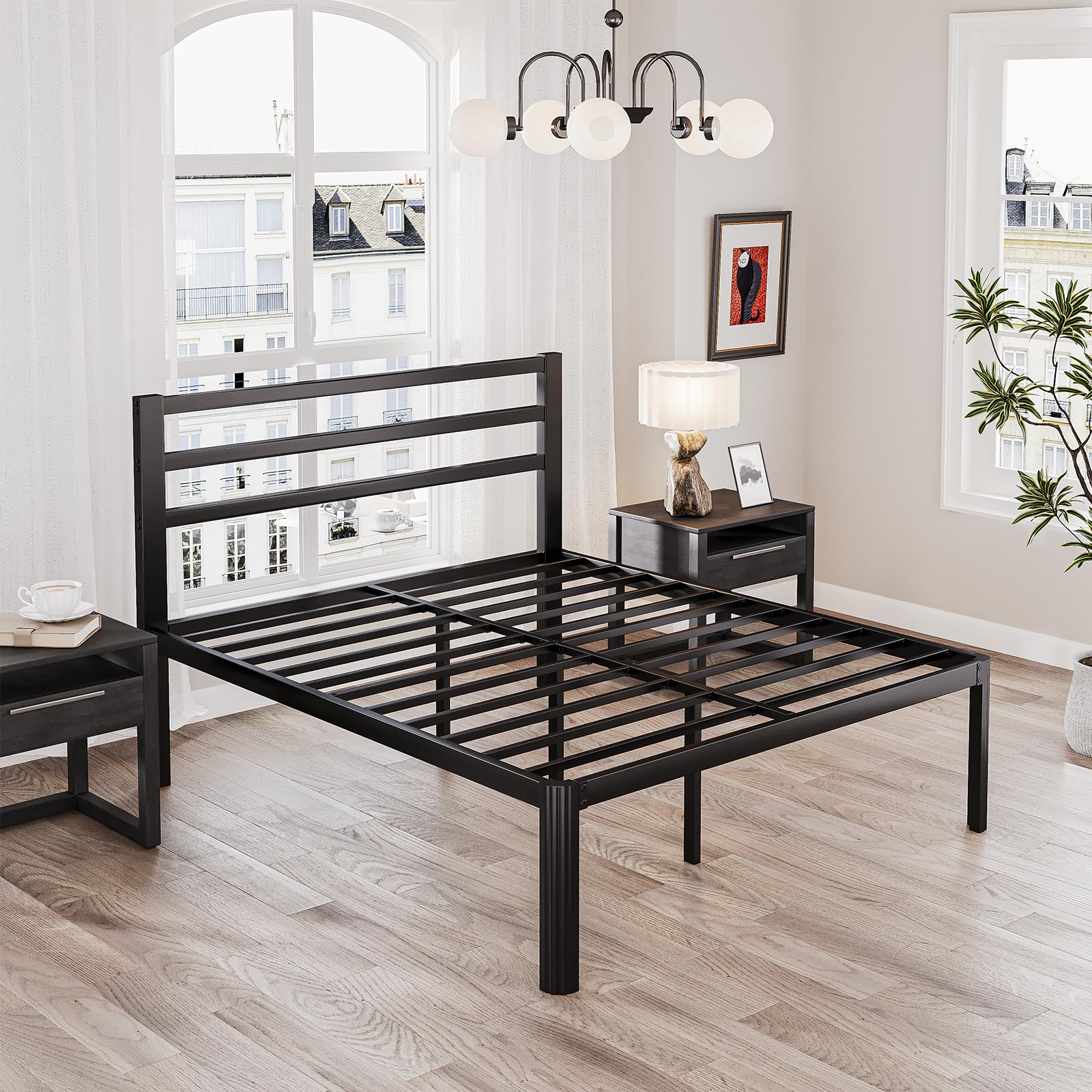 **King Size Bed Frame with Headboard - 18 Inch Heavy Duty Metal Platform Bed, No Box Spring Needed, Sturdy Mattress Foundation, Noise Free & Easy Assembly, Black - Perfect for Master Bedroom & Guest Room**