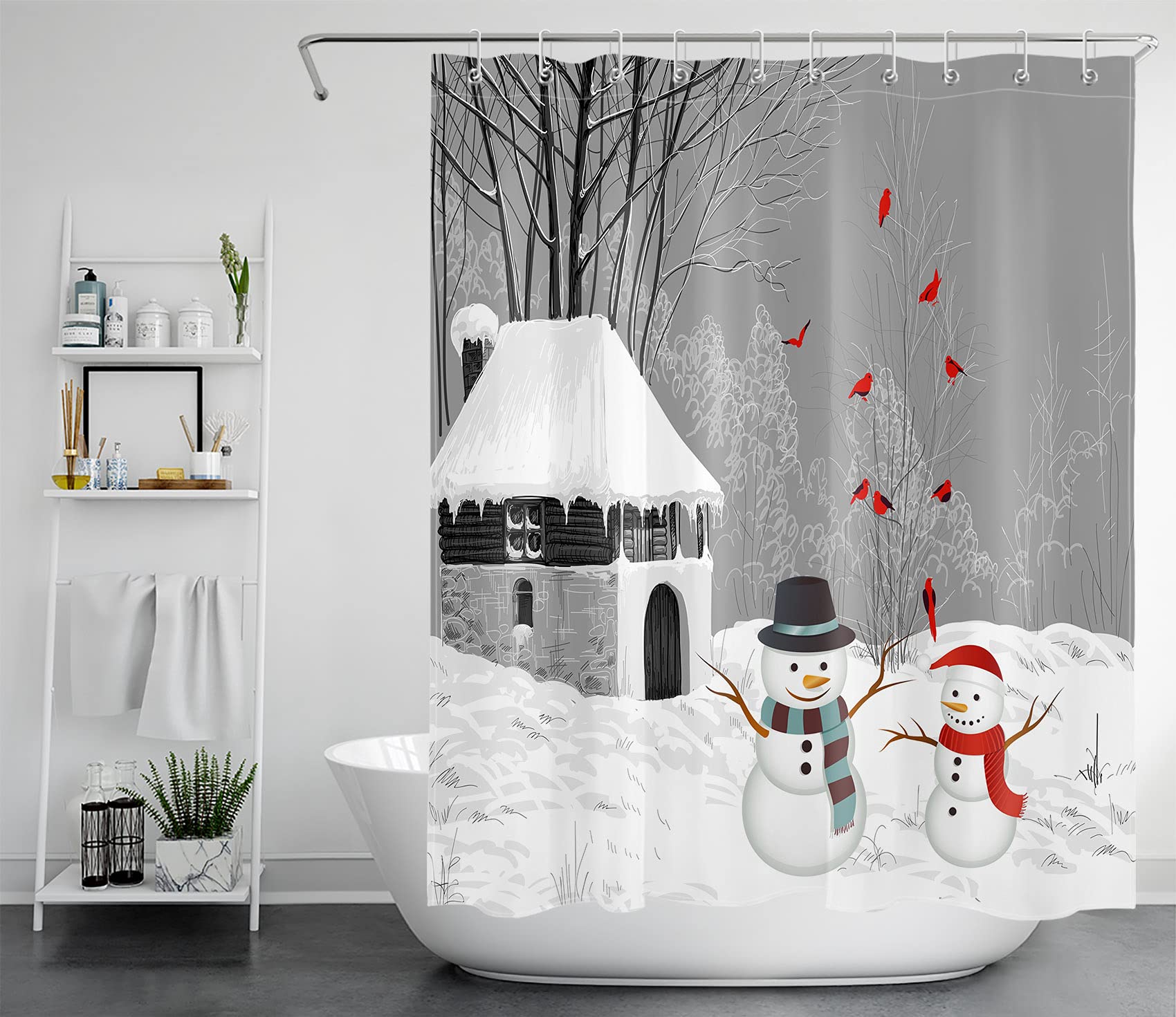 HVEST Winter Snowman & Cardinals Shower Curtain - Vintage Farmhouse Bathroom Decor, Waterproof Polyester Fabric with Hooks, 60x72 Inches - Perfect for Holiday Bathroom Decor & Cozy Winter Atmosphere