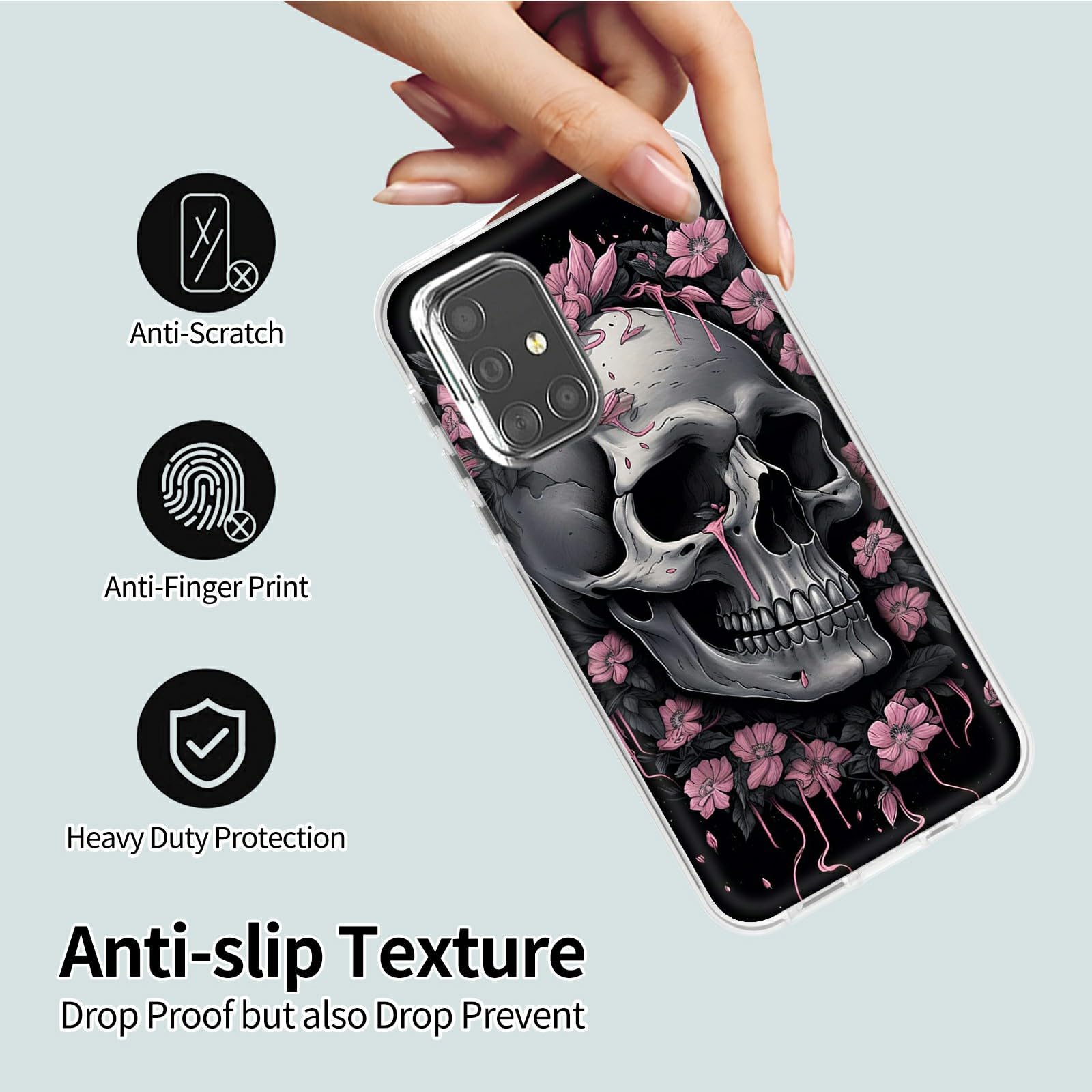 Shockproof Hybrid Case for Samsung Galaxy A51 4G/5G (6.5 Inch) - Clear Hard PC Cover with Soft Silicone Protection, Skull Flowers Design | Perfect for Outdoor Activities, Work & Daily Use