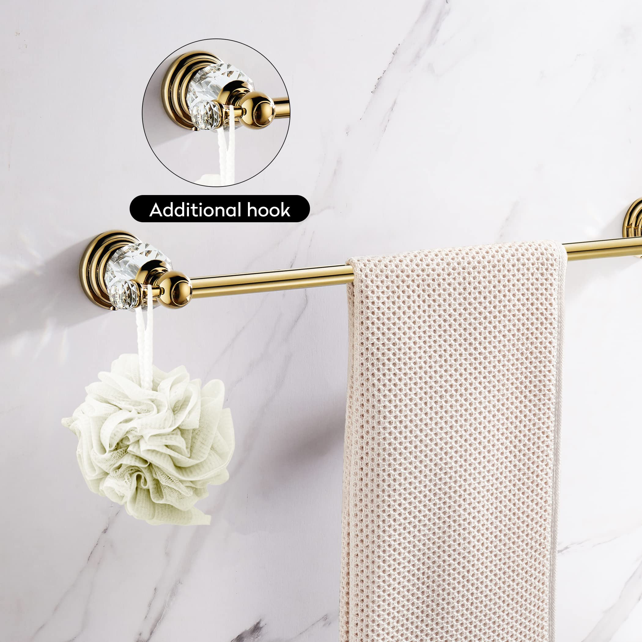 WINCASE Gold Towel Bar - Adjustable Crystal Bathroom Towel Holder with Golden Finish - Wall Mounted Single Towel Rack for Bathroom, Kitchen & Spa Decor
