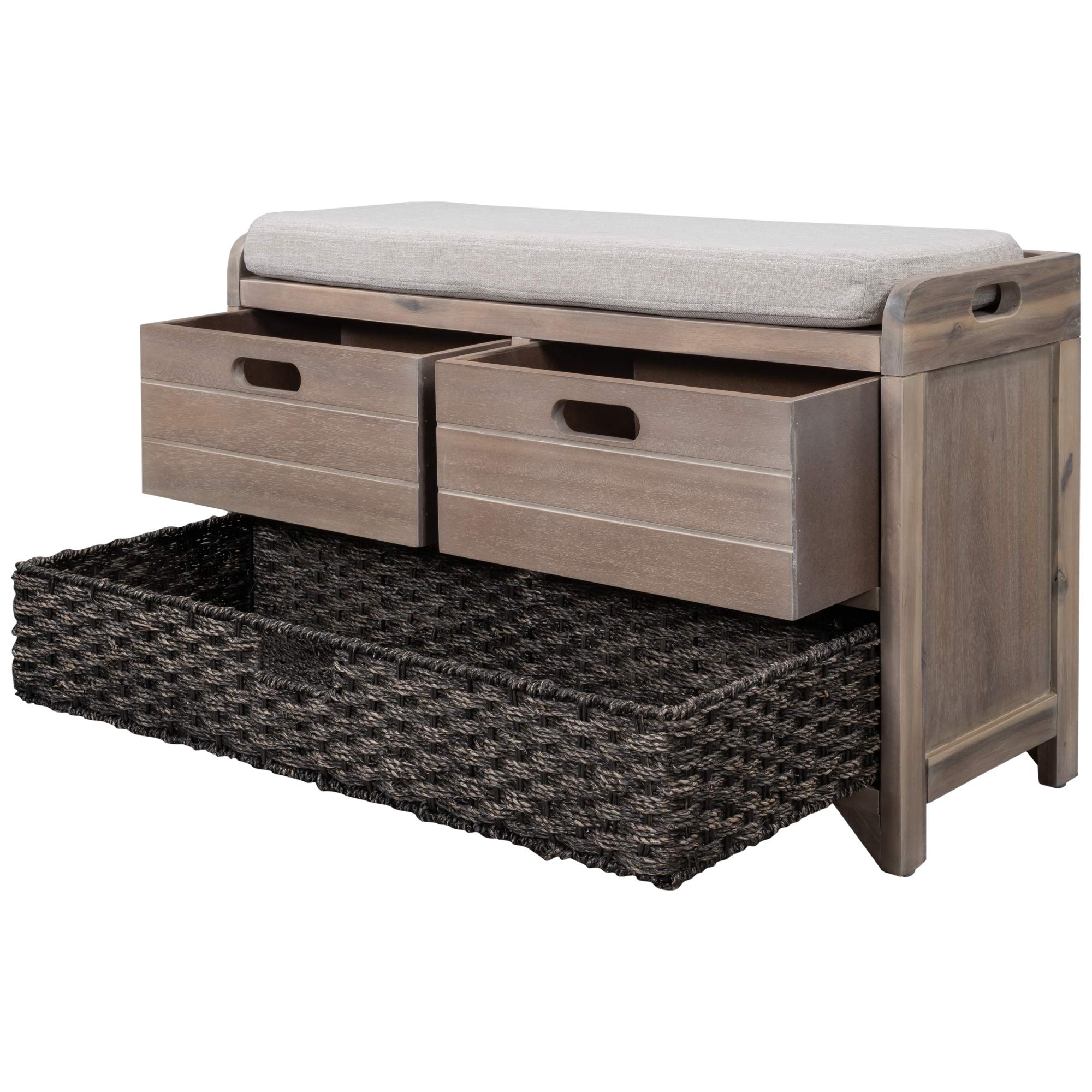 White Washed Storage Bench with Cushion & Drawers - Entryway, Bedroom, Living Room Organizer