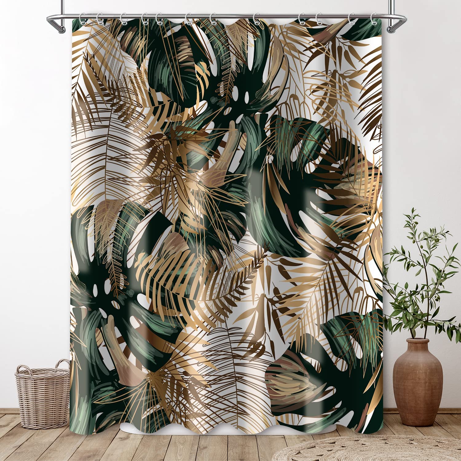 Green Hawaii Tropical Shower Curtain with Botanical Leaves - 72x72 Inch Waterproof Fabric Bathroom Decor with 12 Hooks - Perfect for Jungle Theme, Beach House & Spa Style Bathrooms