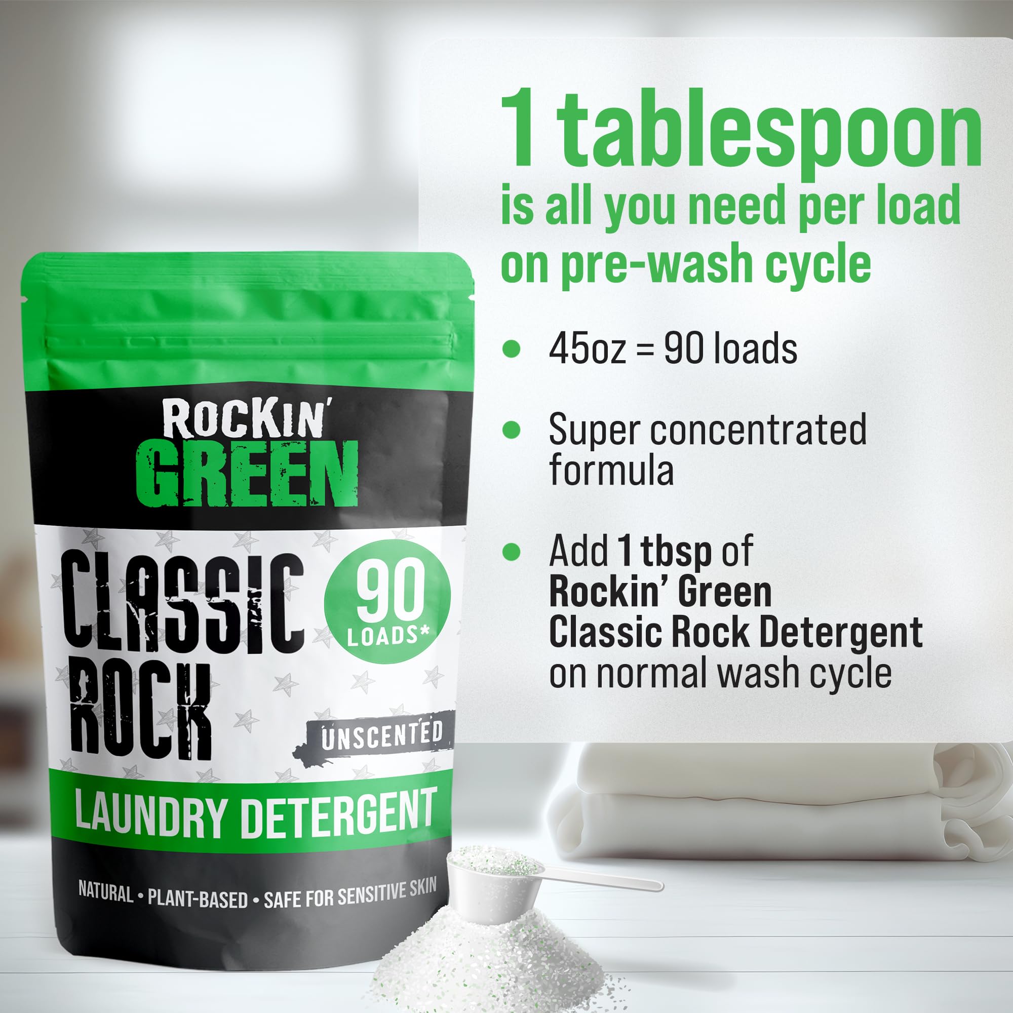 Rockin' Green Classic Rock Laundry Detergent Powder - 90 Loads | All-Natural, Unscented Laundry Detergent for Sensitive Skin | Eco-Friendly & Hypoallergenic for Baby Clothes, Workout Gear & Everyday Laundry