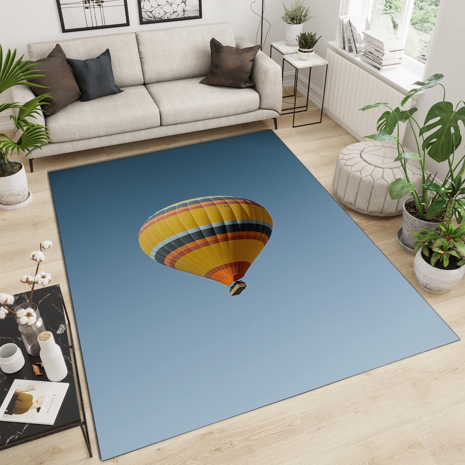 Blue Sky Hot Air Balloon Area Rug - Soft Fluffy 5x7ft Living Room Carpet for Bedroom, Study & Nursery - Ultra Plush Portable Floor Mat for Cozy Home Decor, Kids Play Area & Photo Backdrop
